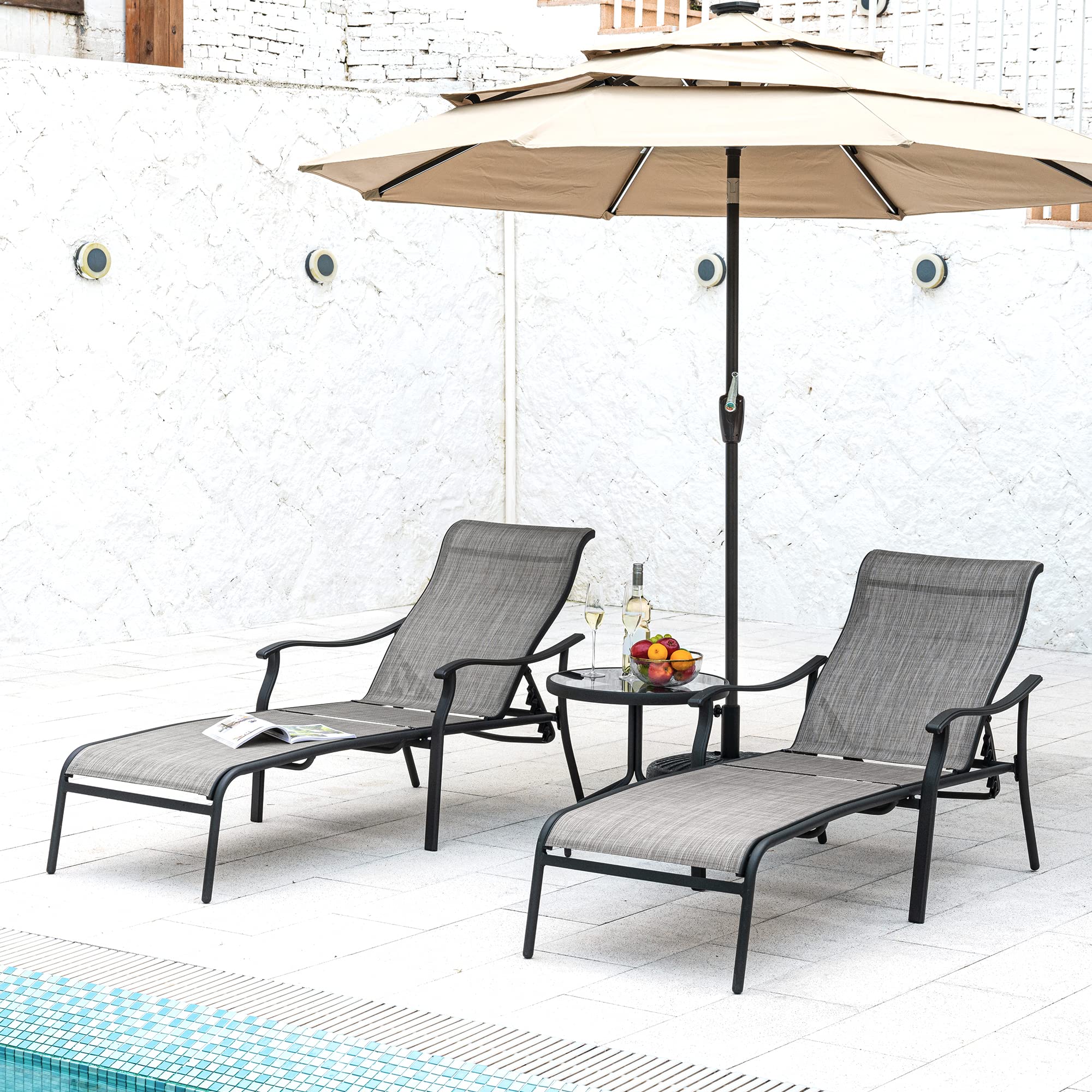 HAPPATIO 3-Piece Outdoor Furniture Set - Glass Top Coffee Table & Breathable Textilene Fabric Pool Lounge Chairs - Gray Patio Chaise Lounge for Backyard, Poolside Relaxation | Perfect for Sunbathing, Outdoor Entertaining & Garden Lounging