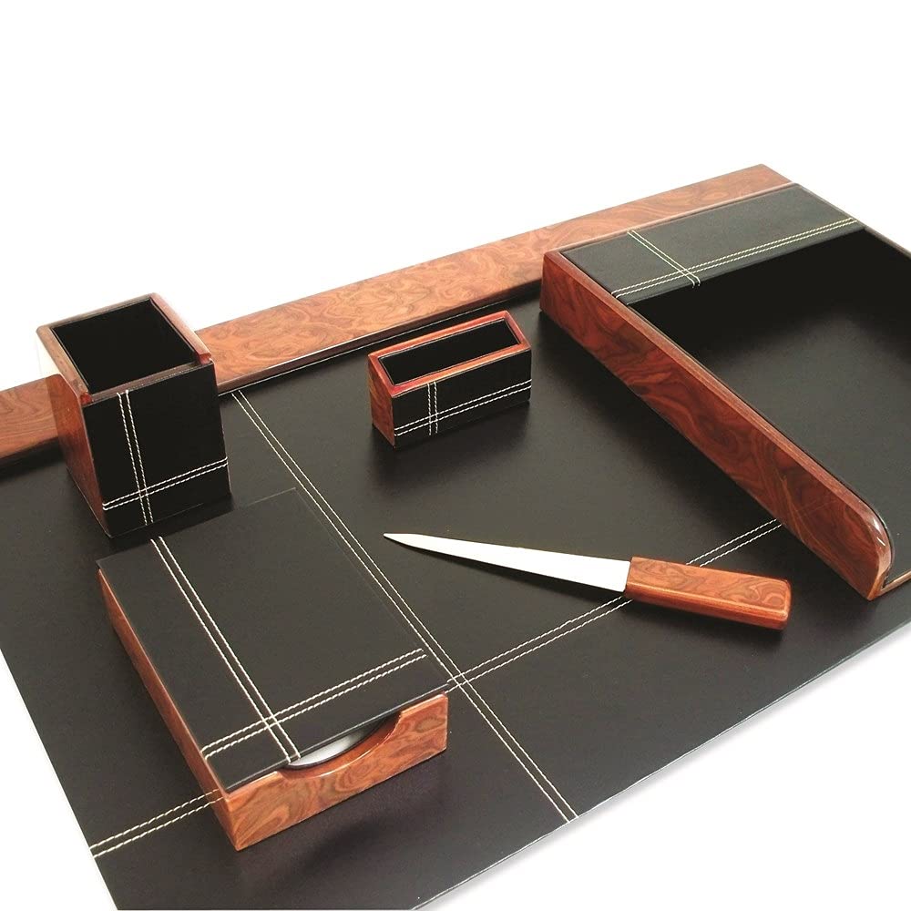 Premium Burlwood 6-Piece Desk Set with Pen Holder, Letter Tray & Organizer - Elegant Home Office Decor for Professionals & Students