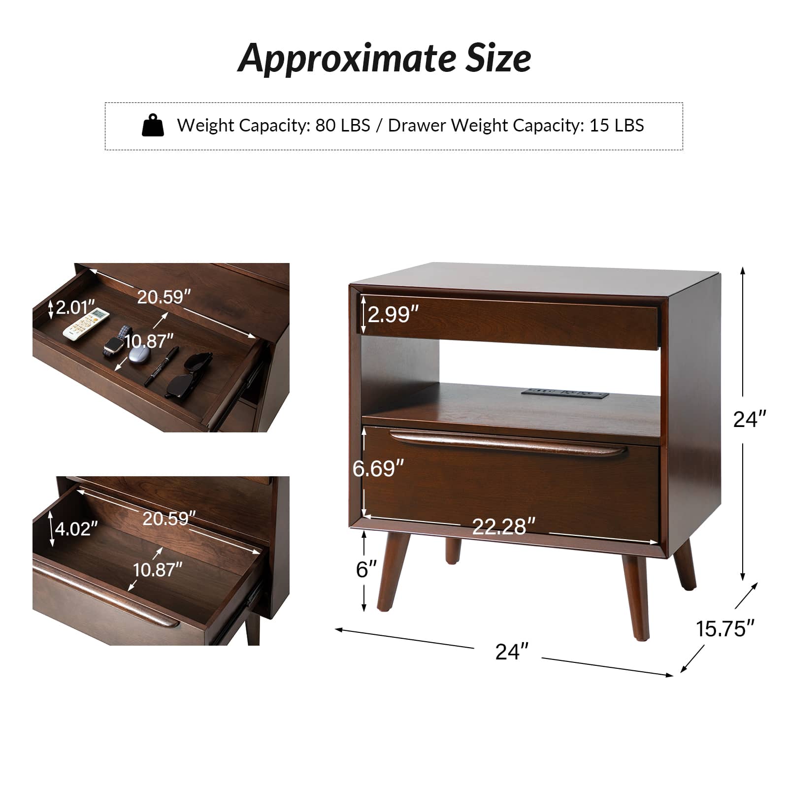 Mid Century Modern Nightstand with 2 Drawers & Built-In Outlets - Giralda Bedside Table for Bedroom, Living Room & Office (Optional Types)