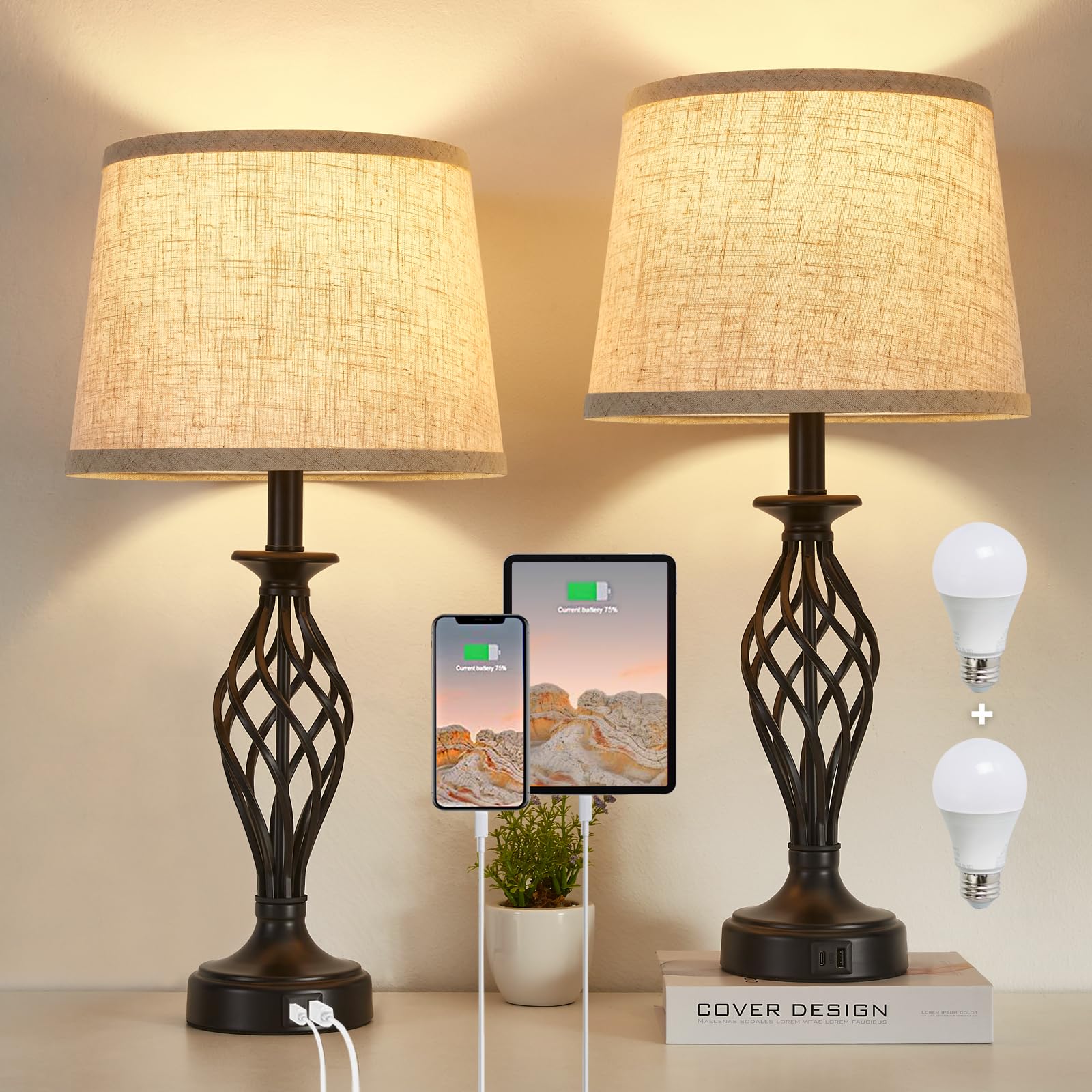 Modern Spiral Cage Table Lamp Set of 2 with USB C+A Ports - Bedside Nightstand Lamps with Fabric Shade & Included LED Bulbs for Bedroom, Living Room, Reading Nook - Black (Home Office Lighting, Guest Room Decor, Cozy Evening Ambience)