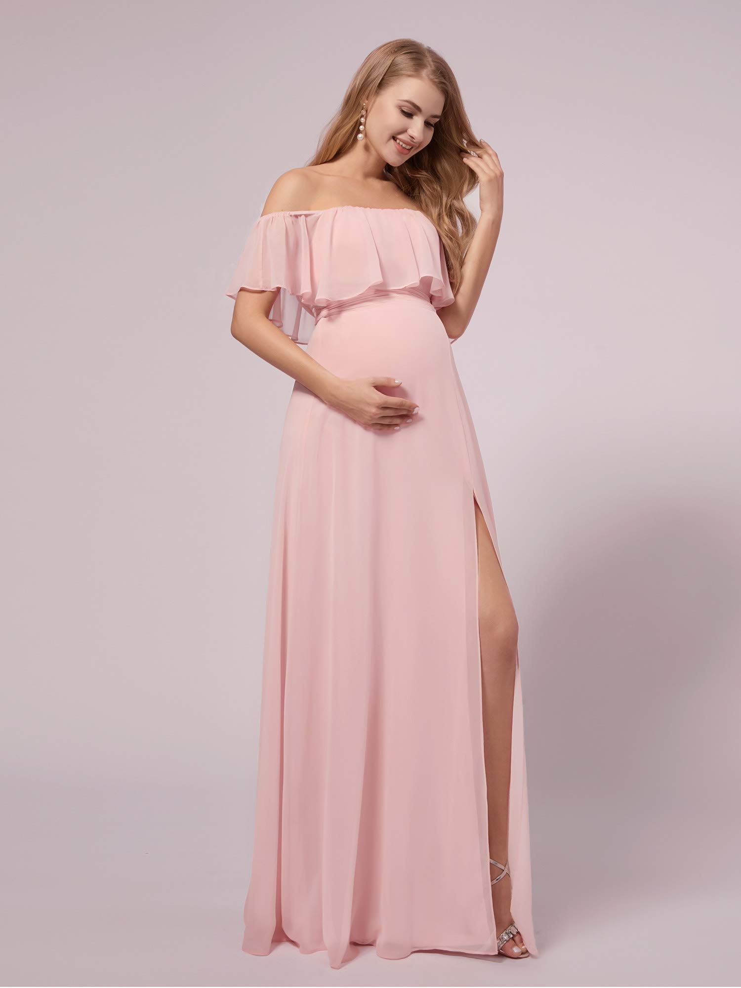 Ever-Pretty Women's Off-Shoulder Side Slit Long Chiffon Ruffle Maternity Dress for Pregnancy Party & Photography - Elegant Formal Gown for Baby Shower, Bridesmaid, and Special Occasions (Style 0969-EY)