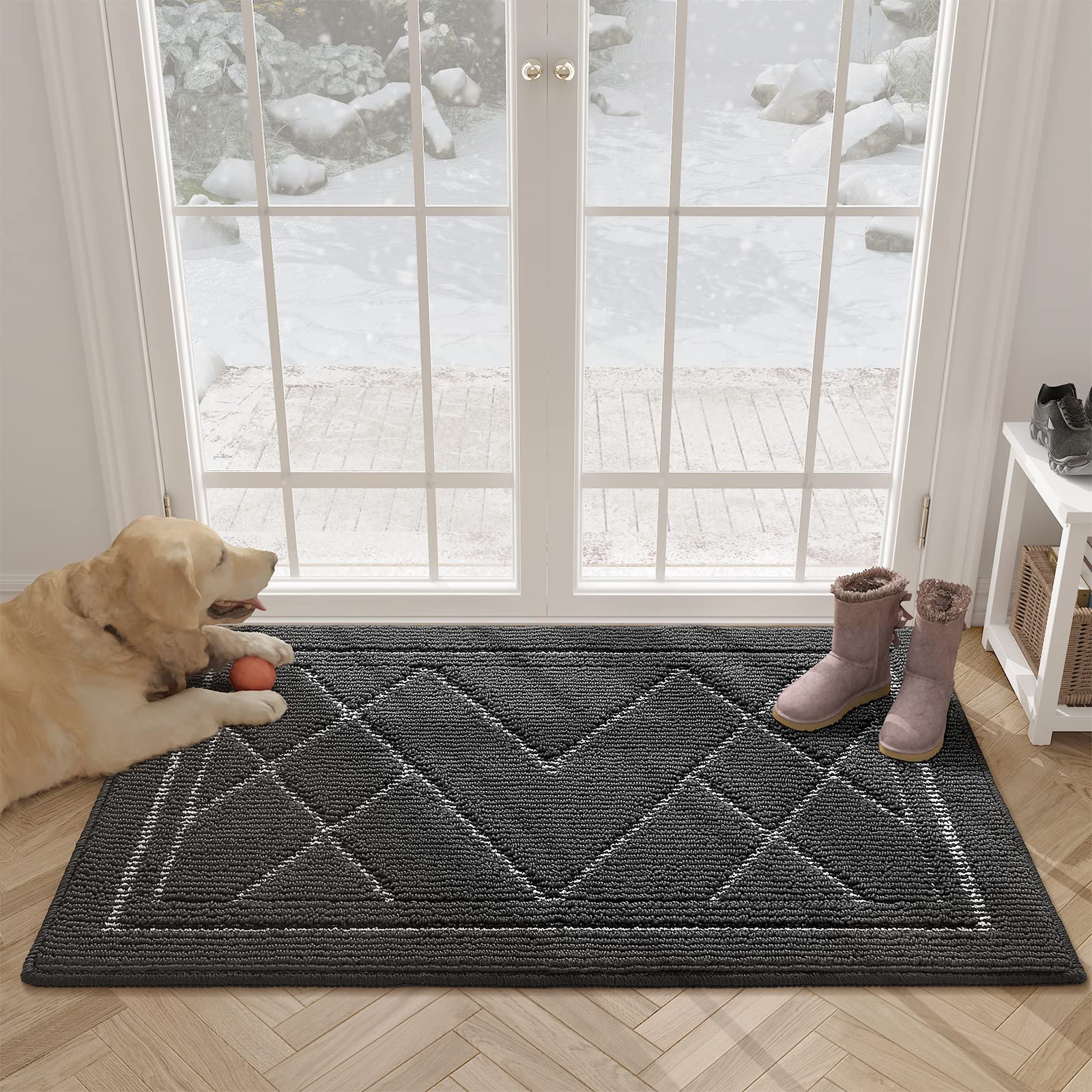 Boho Absorbent Non-Slip Indoor Door Mat 32x59 Inches - Washable Low Profile Entryway Rug for Front Door, Dark Grey | Perfect for Home Entrance, Mudroom & High Traffic Areas