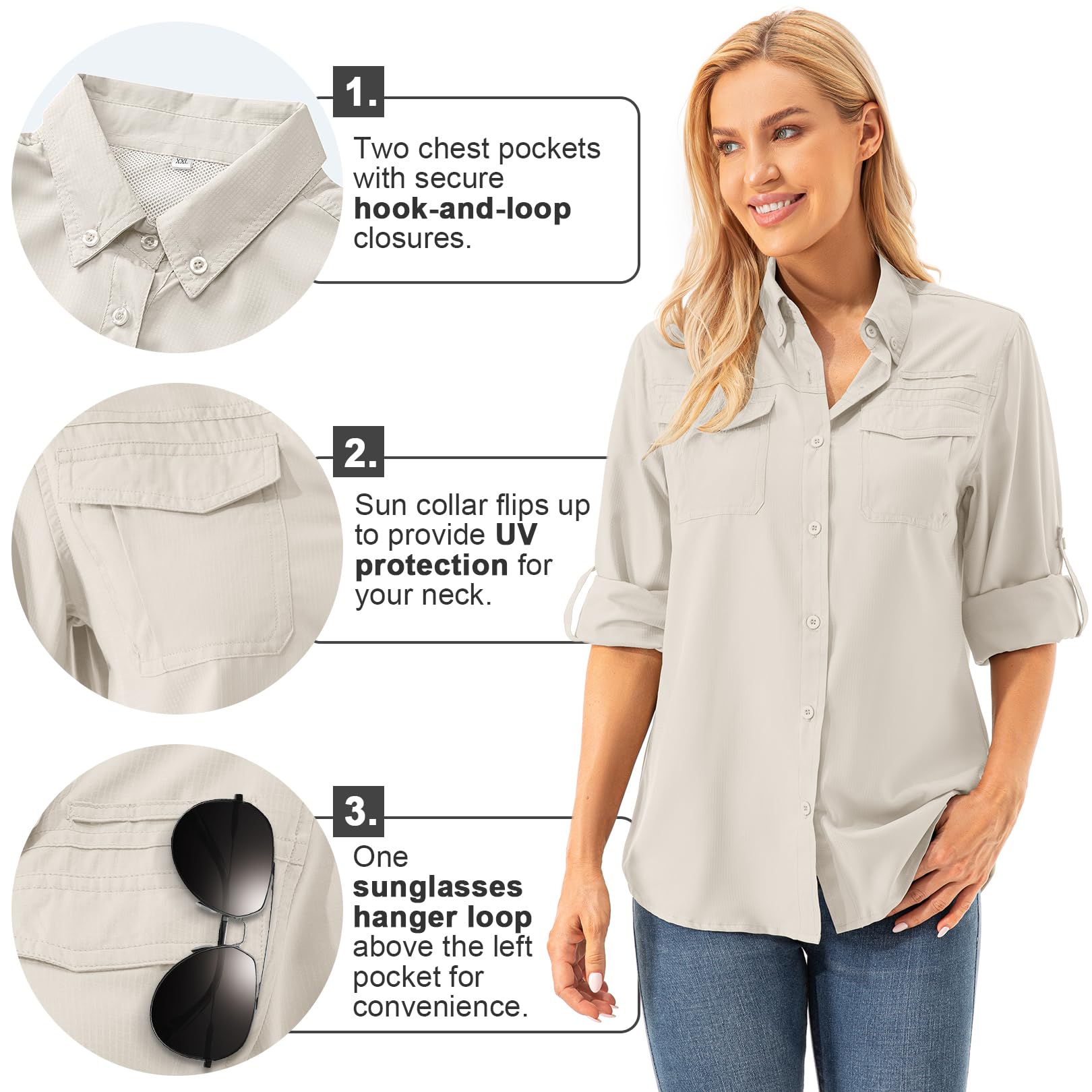 Women's UPF 50+ Safari Shirt - Long Sleeve UV Protection for Hiking & Fishing