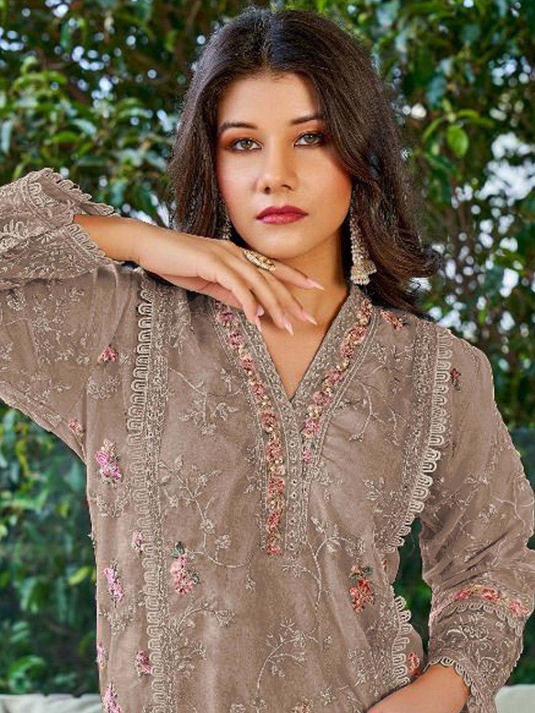 Elegant Beige Georgette Semi-Stitched Pant Suit with Exquisite Embroidery - Perfect for Weddings, Parties & Formal Occasions
