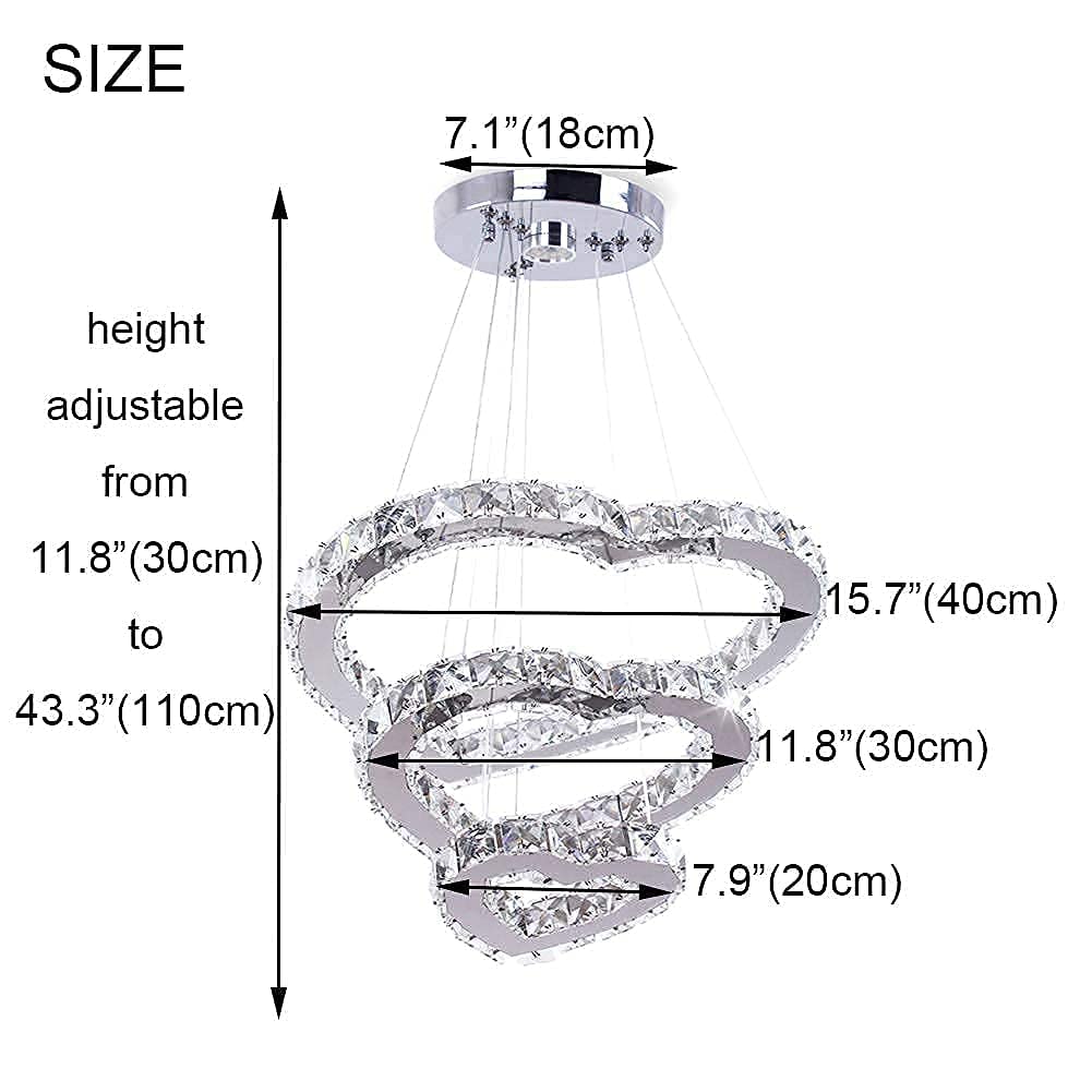 Winretro Modern 3 Ring Crystal Heart LED Chandelier - Stainless Steel Chrome Pendant Light Fixture for Ceiling - Elegant Lighting for Living Room, Dining Room, Kitchen & Bedroom | Perfect for Romantic Dinners, Home Decor & Wedding Venues