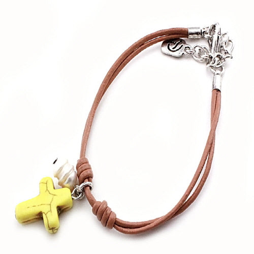 Elegant Cross & Pearl Bracelet in Yellow - Perfect for Women's Fashion, Gift Giving, and Special Occasions