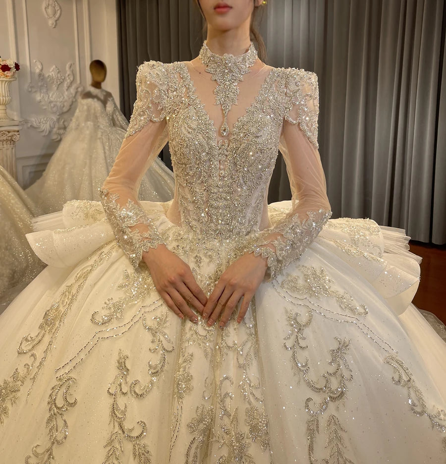 Elegant V-Neck Long Sleeve Ball Gown Wedding Dress with Ruffles - Perfect for Bridal, Formal Events & Special Occasions