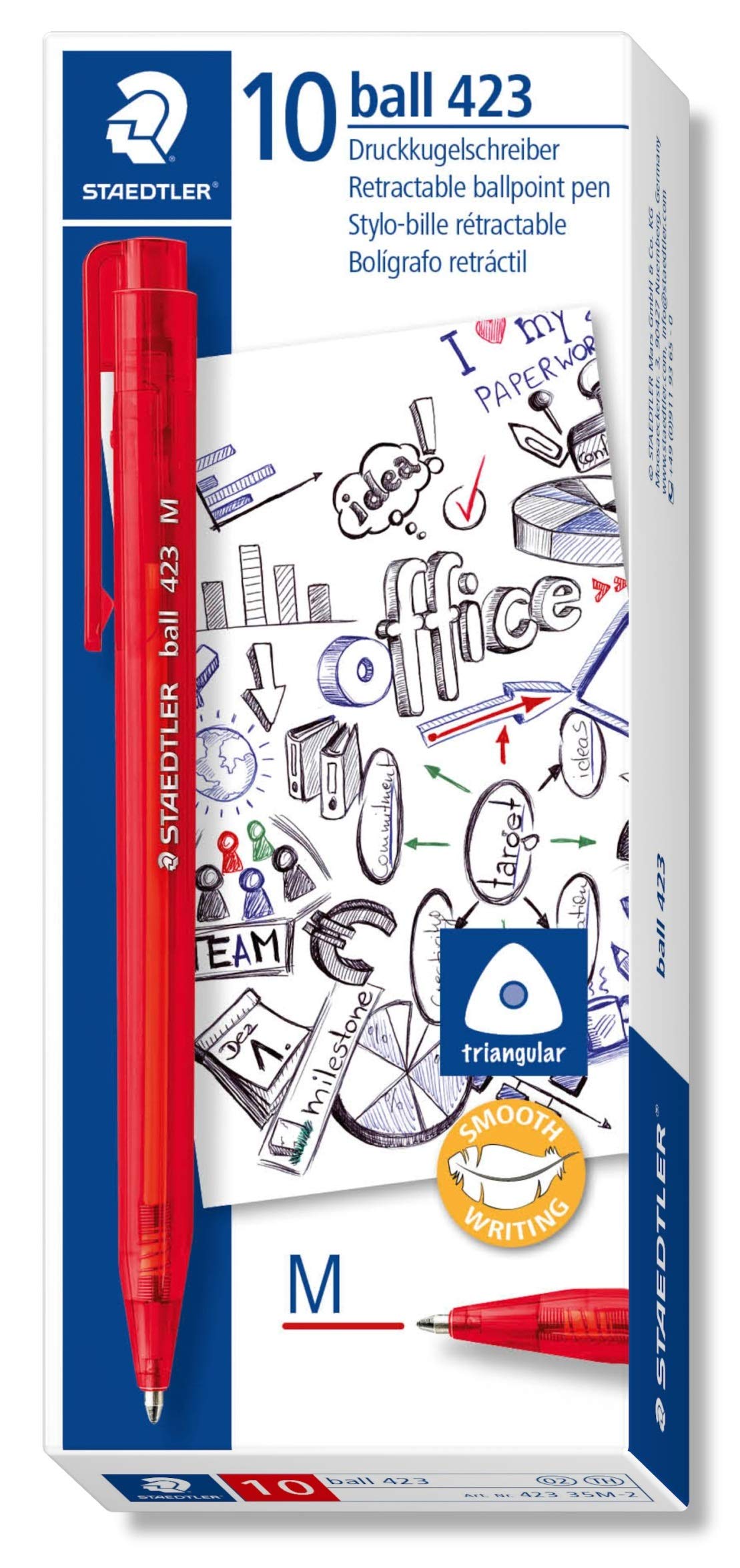 STAEDTLER 423 M-2 Retractable Ballpoint Pens - 0.45mm Medium Point, Pack of 10 in Cardboard Box (Red) - Perfect for Office, School & Note Taking