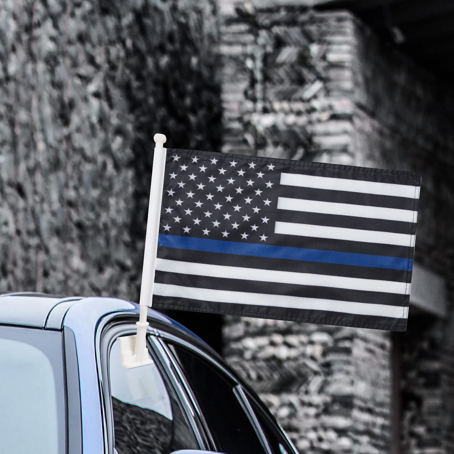 2 Pack Thin Blue Line USA Police Car Flags with Poles - Durable Outdoor American Policemen Flags for Cars, Trucks, and Parades