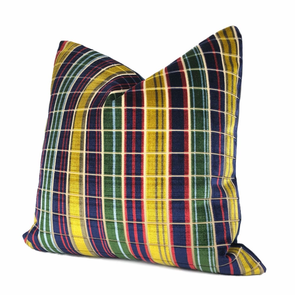 Regent's Park Navy Blue Red Gold Plaid Silk Velvet Pillow Cover - Luxury Decorative Throw Pillow Case for Sofa, Bed & Home Decor (Lee Jofa Fabric) - Perfect for Living Room, Bedroom & Office Accent