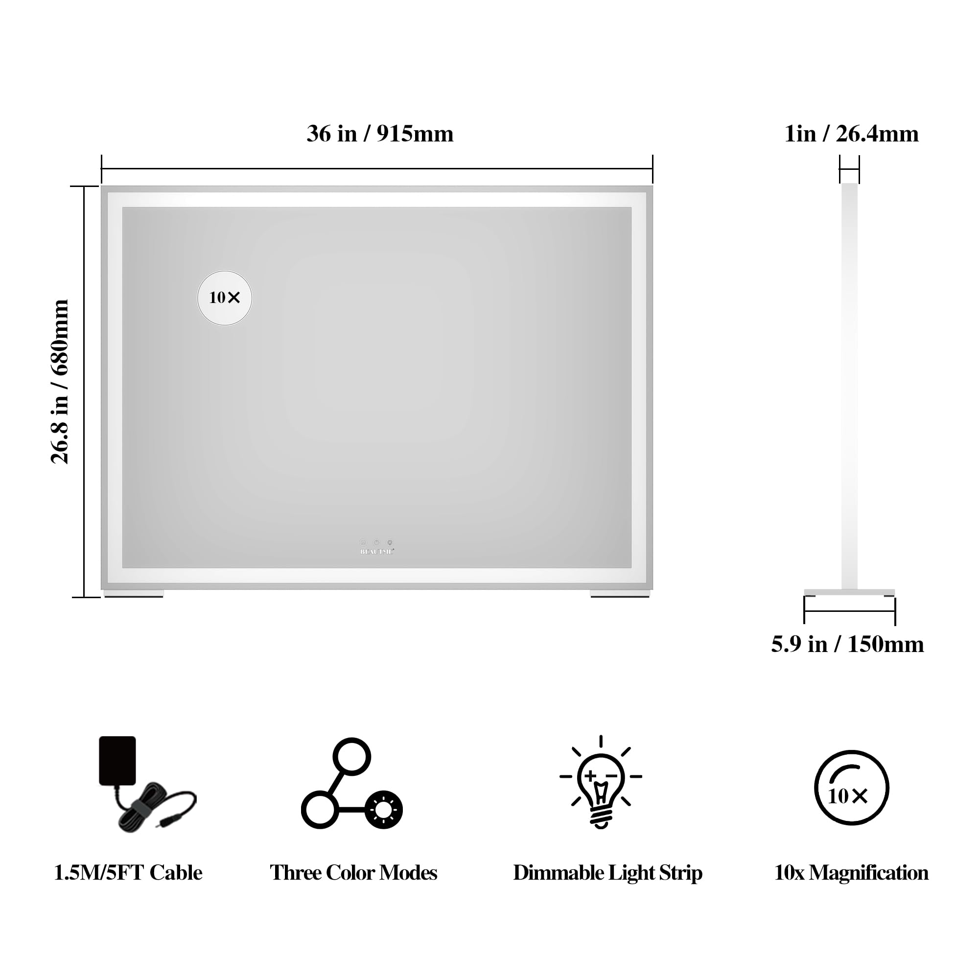 BEAUTME Hollywood Vanity Mirror with LED Lights - 36.2×5.9×26.8 Inch Tabletop Makeup Mirror for Dressing Room & Bedroom, Large Desk Mirror with Adjustable Brightness | Perfect for Makeup Application, Skincare Routine, and Home Decor