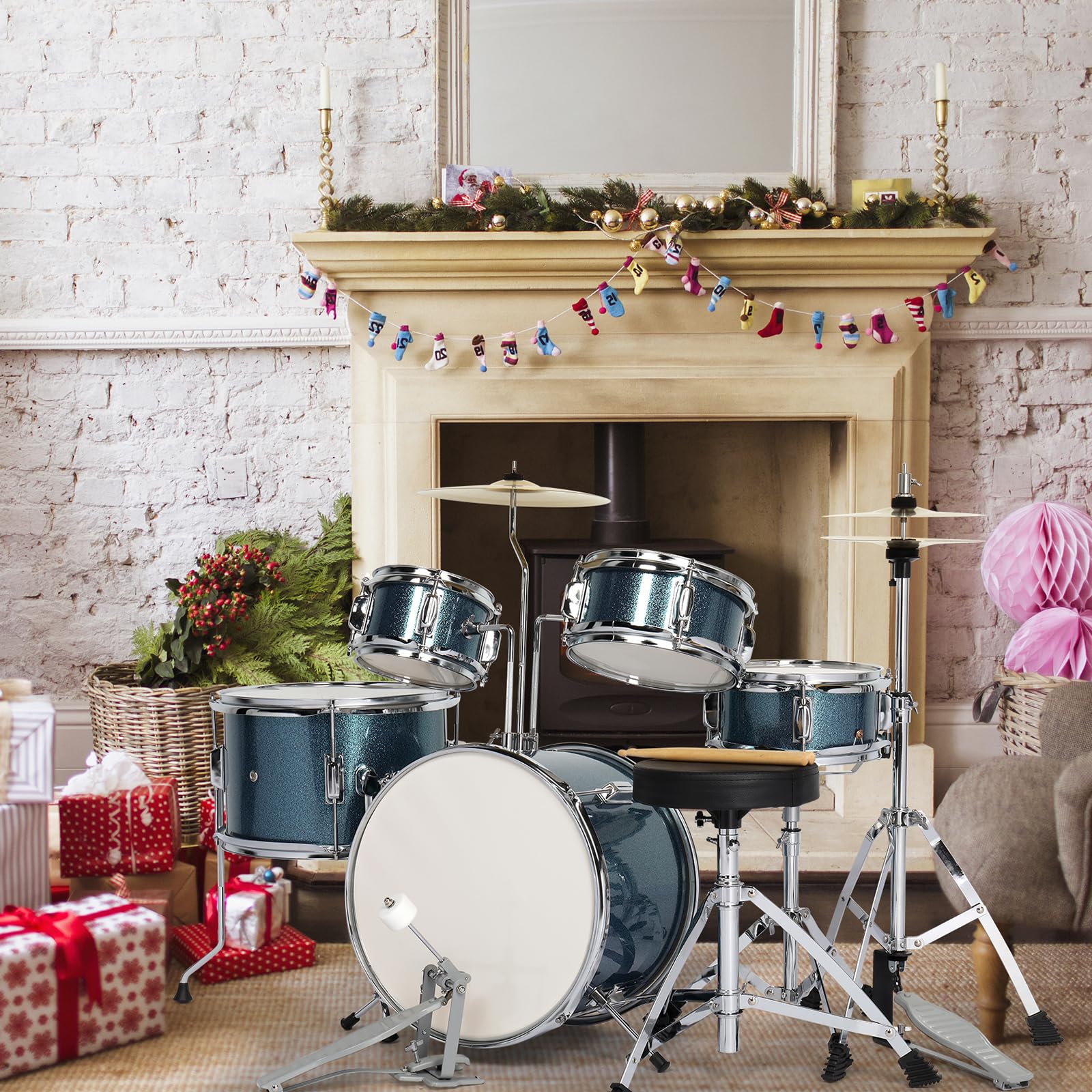 Ktaxon 5-Piece Complete Junior Drum Set - 14 Inch Kids Drum Kit with Throne Stool, Pedal & Drumsticks - Beginner Musical Instrument with Cymbal, Hi-Hat, Floor Tom & Snare Drum (Blue) - Perfect for Kids Music Lessons, Birthday Gifts & Home Practice