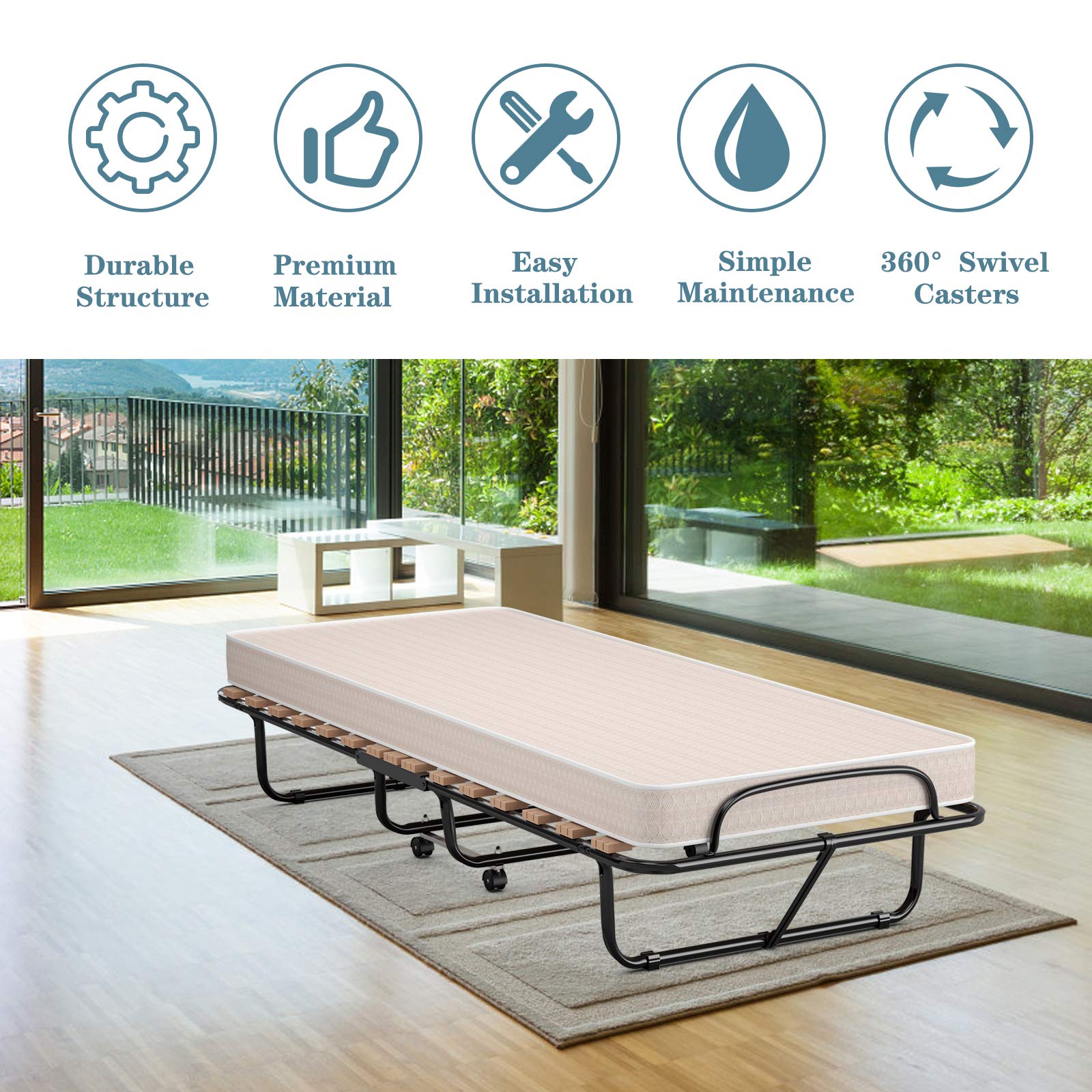 GOFLAME Rollaway Folding Bed with Memory Foam Mattress - Twin Size Portable Guest Bed for Adults, Sturdy Metal Frame - Perfect for Spare Bedrooms, Home Offices & Overnight Guests
