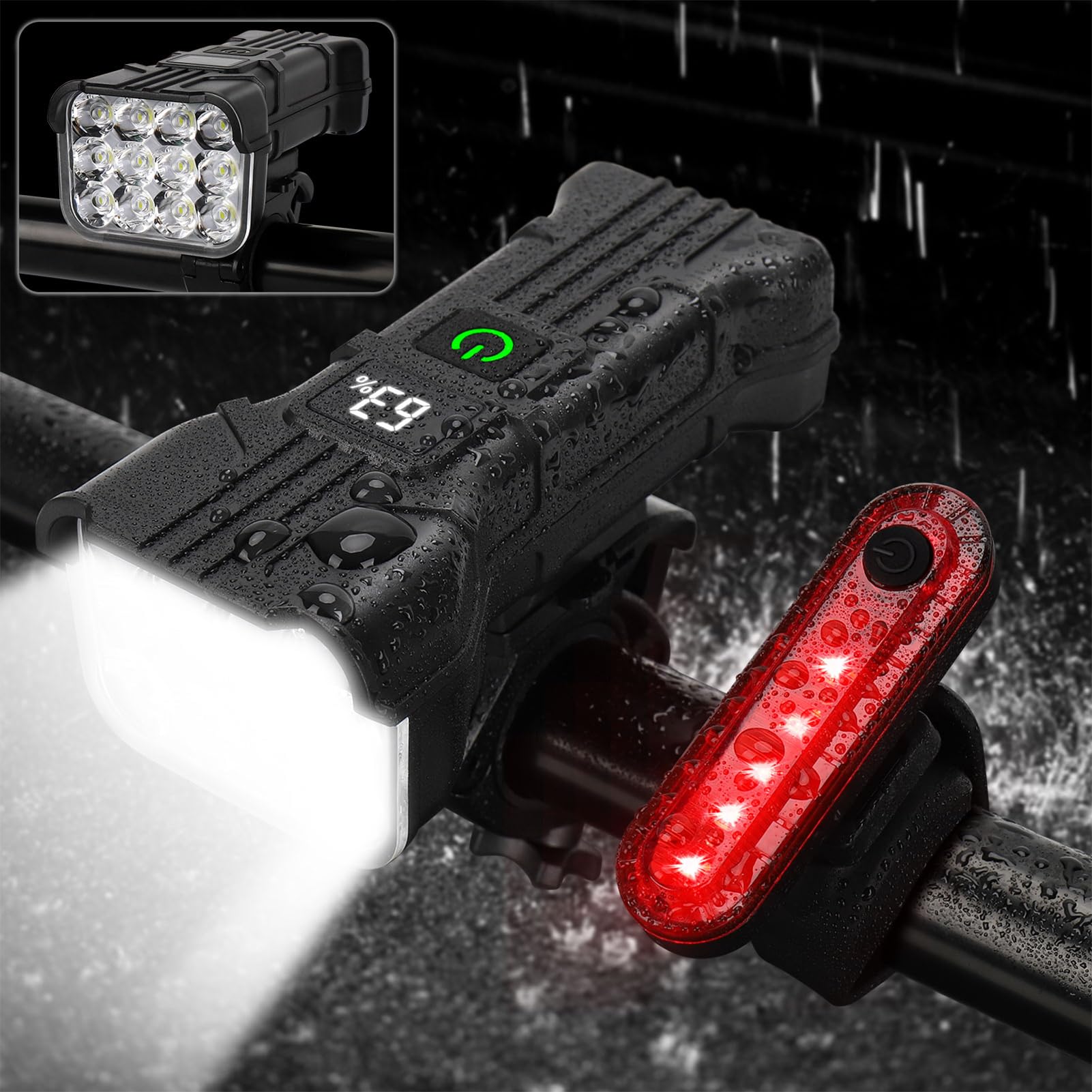 **9500 Lumen Rechargeable Bike Lights Set - Front & Rear Bicycle Lights with 5 Adjustable Modes, 12 LEDs for Night Riding & Cycling Safety**    *(Perfect for Night Commuting, Mountain Biking, and Urban Cycling - Stay Visible & Safe on Dark Roads!)*