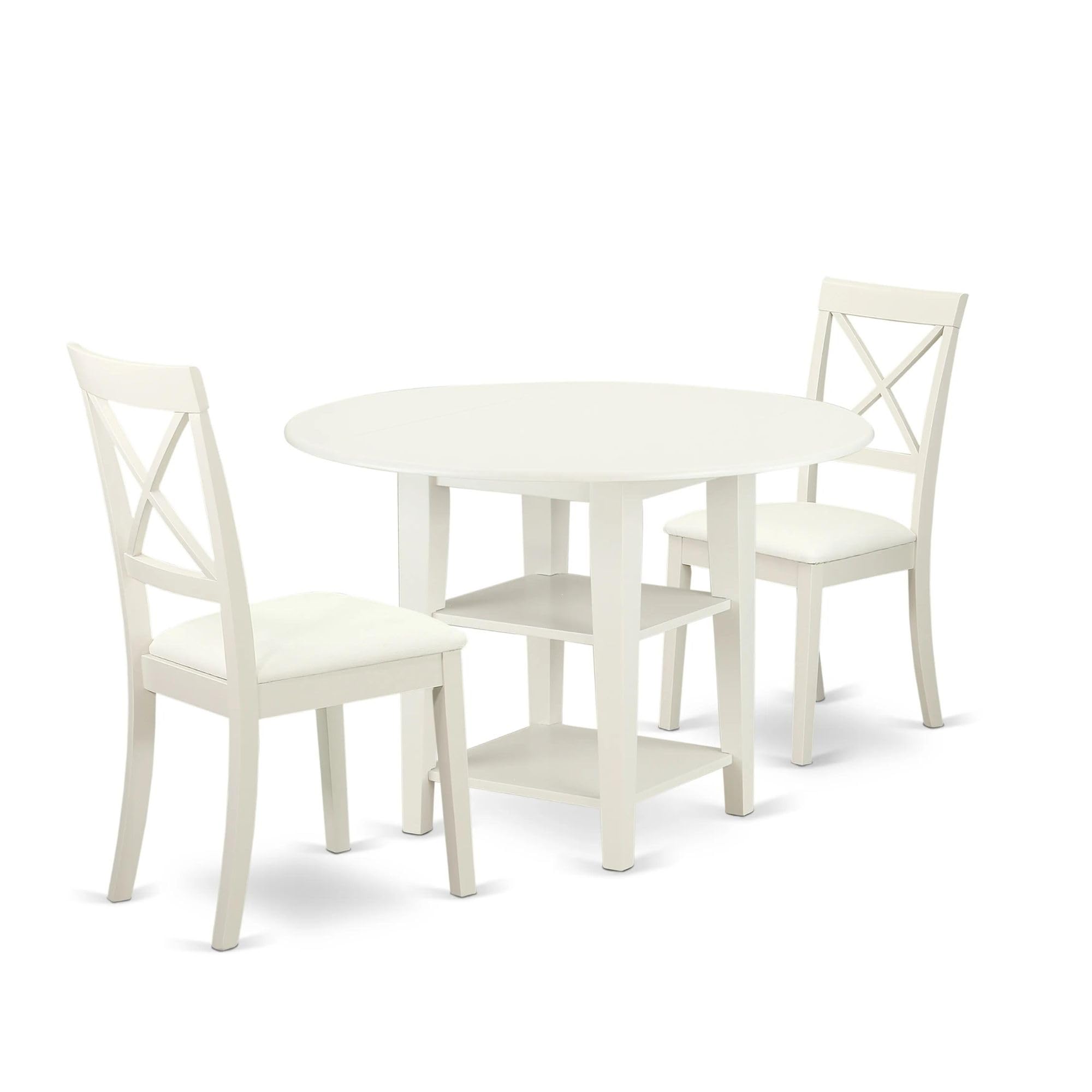 East West Furniture SUBO3-LWH-LC 3-Piece Round Dining Set with Drop Leaf Table & 2 Faux Leather Chairs, 42x42 Inch, Linen White – Perfect for Small Spaces, Breakfast Nooks & Cozy Apartments