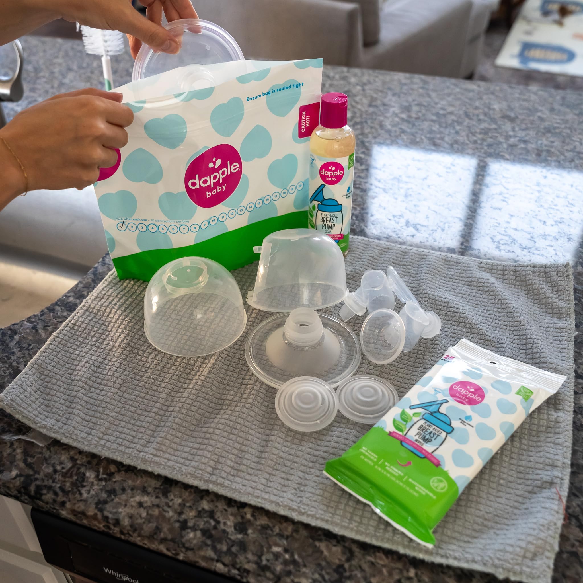 Dapple Breast Pump Cleaning Kit - Hypoallergenic, Plant-Based Wipes & Soap for Milk Residue Removal - 25 Cleaning Wipes, 8oz Soap & 8 Sterilizer Bags - Safe for Nursing Moms & Babies - Perfect for On-the-Go Pumping at Work or Travel