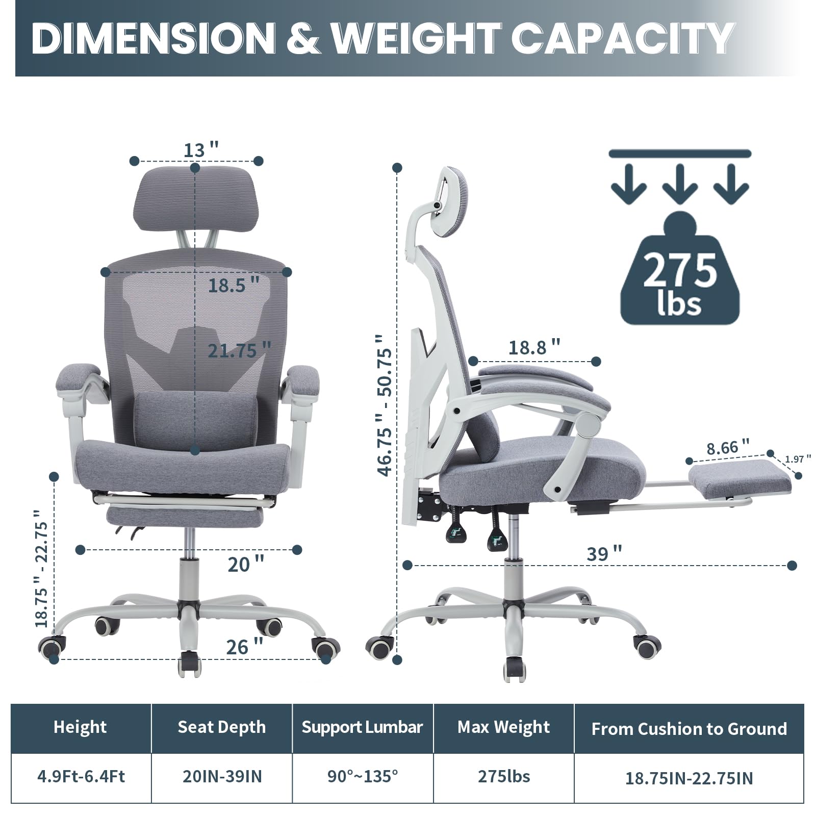 Ergonomic Office Chair with Wheels - Adjustable Headrest & Lumbar Support, Soft Armrests for Computer Desk - Perfect for Home Office, Gaming, and Long Work Sessions