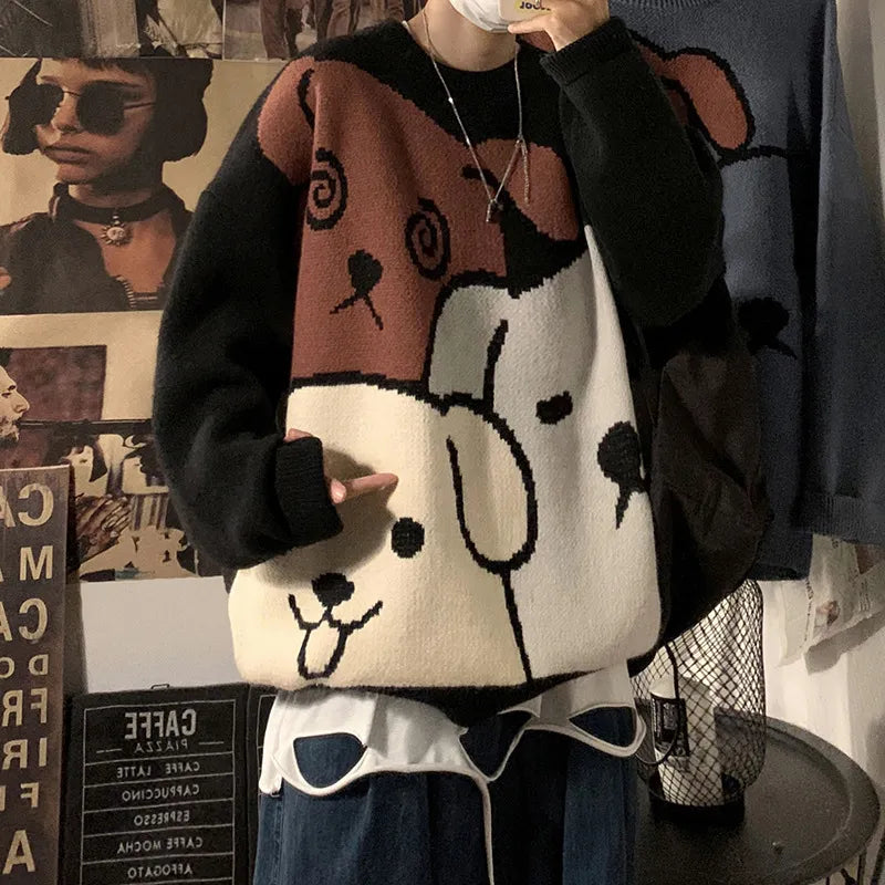 Men's Cartoon Bear Knit Sweater - Winter Warm Long Sleeve Pullover for Casual Wear | Cozy Loose Fit Fashion Top for Autumn & Winter Outfits