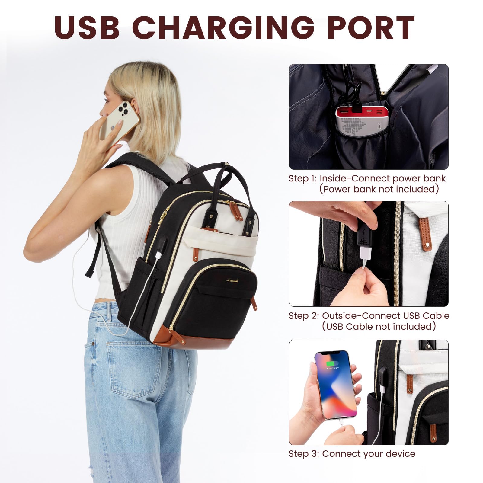 LOVEVOOK Women's Anti-Theft Laptop Backpack - 15.6 Inch Waterproof Computer Bag for Work, School & Travel | Stylish College Backpack Purse in Beige, Black & Brown | Perfect for Business Commute, Campus Life & Weekend Getaways
