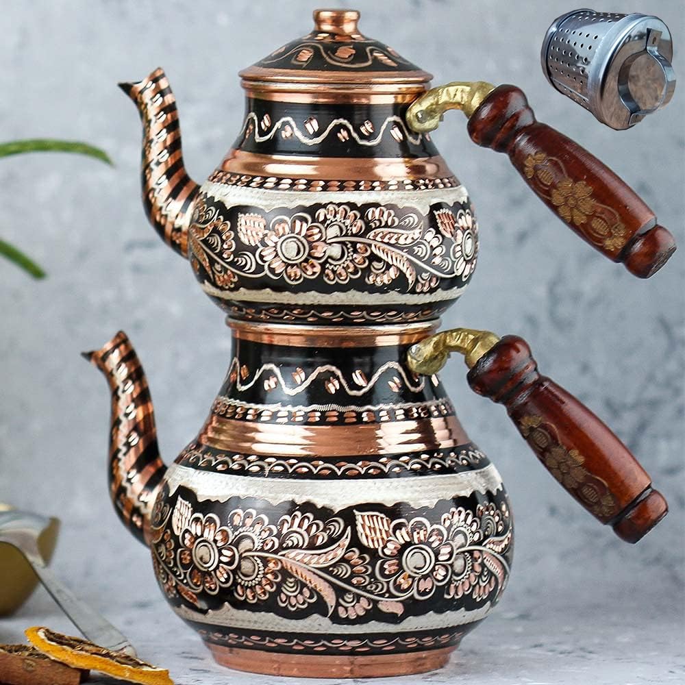 Vintage Copper Turkish Tea Pot Set with Infuser - Stovetop Tea Kettle for Moroccan, Persian & Arabic Tea Ceremonies - Includes Serving Tray & Glasses for Farmhouse Decor & Tea Parties