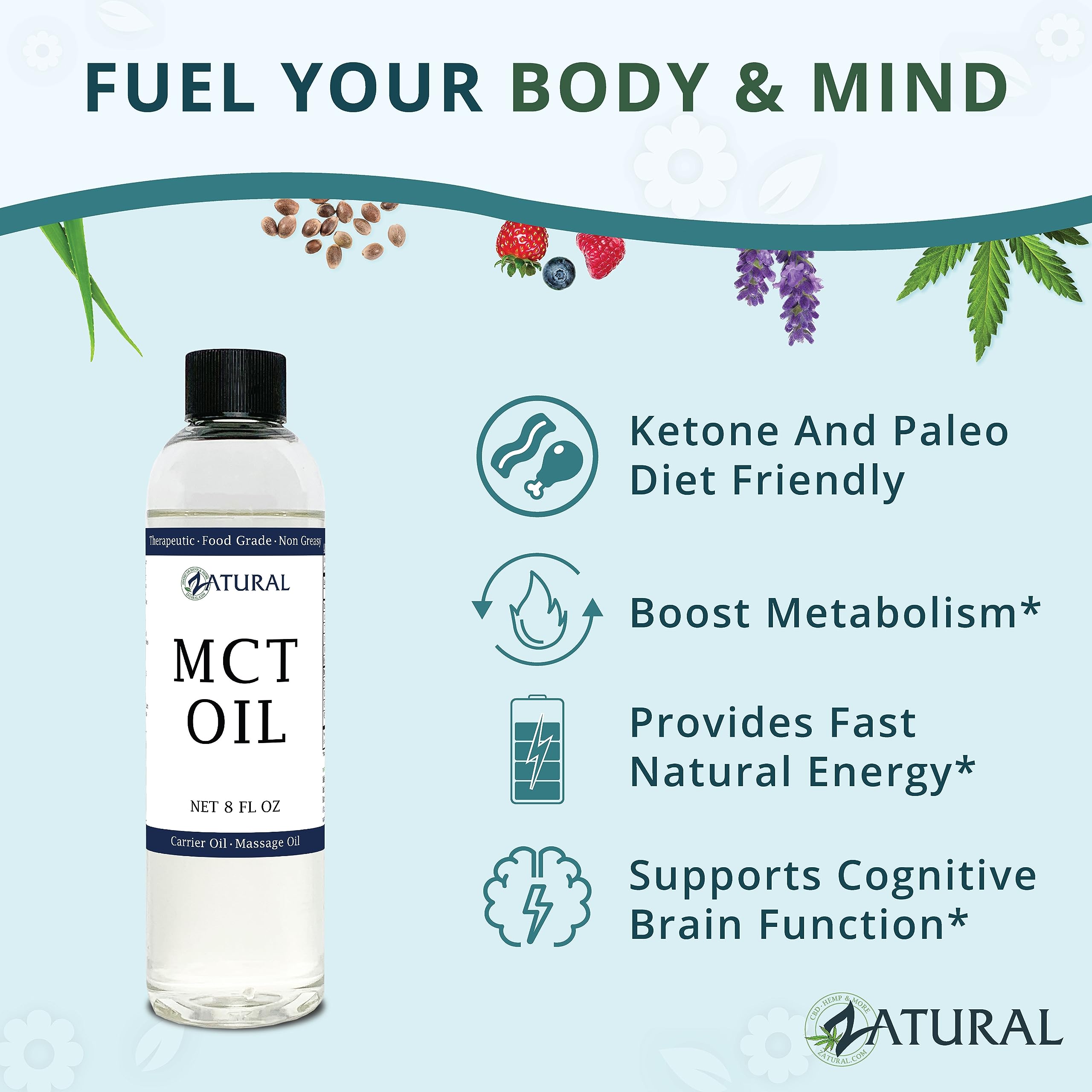 Premium Pure MCT Oil - 100% Natural Coconut Carrier Oil for Massage, Skin Hydration & Hair Care | Therapeutic Grade, 8 Oz | Ideal for Keto Cooking, Aromatherapy & DIY Beauty Products