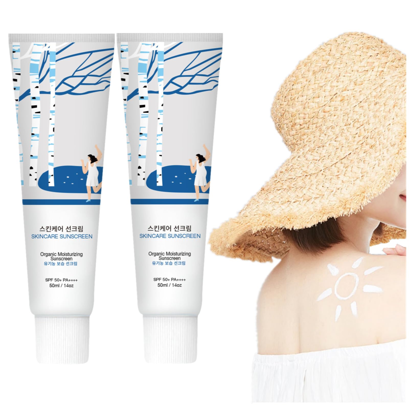 Korean Birch Juice Moisturizing Sunscreen SPF 50 - Water Resistant, Non-Greasy Daily Face Sunscreen for All Skin Types | UV Protection & Hydration for Outdoor Activities, Beach & Daily Use (2 Pack)