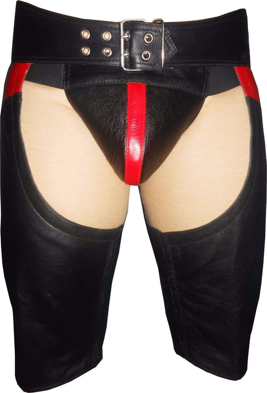 Genuine Cowhide Leather Shorts for Men - Black & Red Gay Chaps (42
