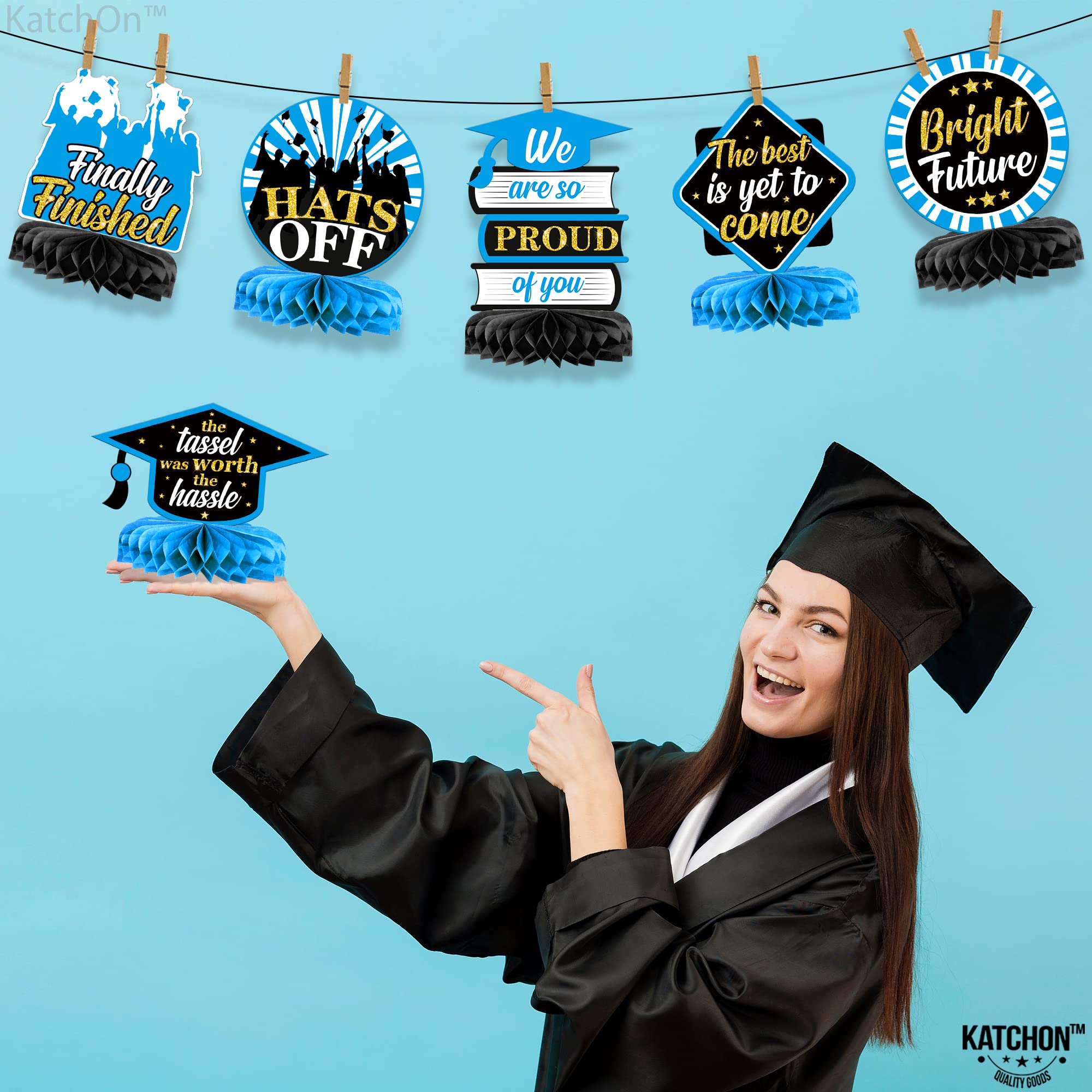 KatchOn 2025 Graduation Table Centerpieces - Pack of 9 Light Blue & Black Honeycomb Decor for Graduation Party, Class of 2025 Decorations | Perfect for Graduation Ceremony, Banquet, and Photo Backdrop Decor