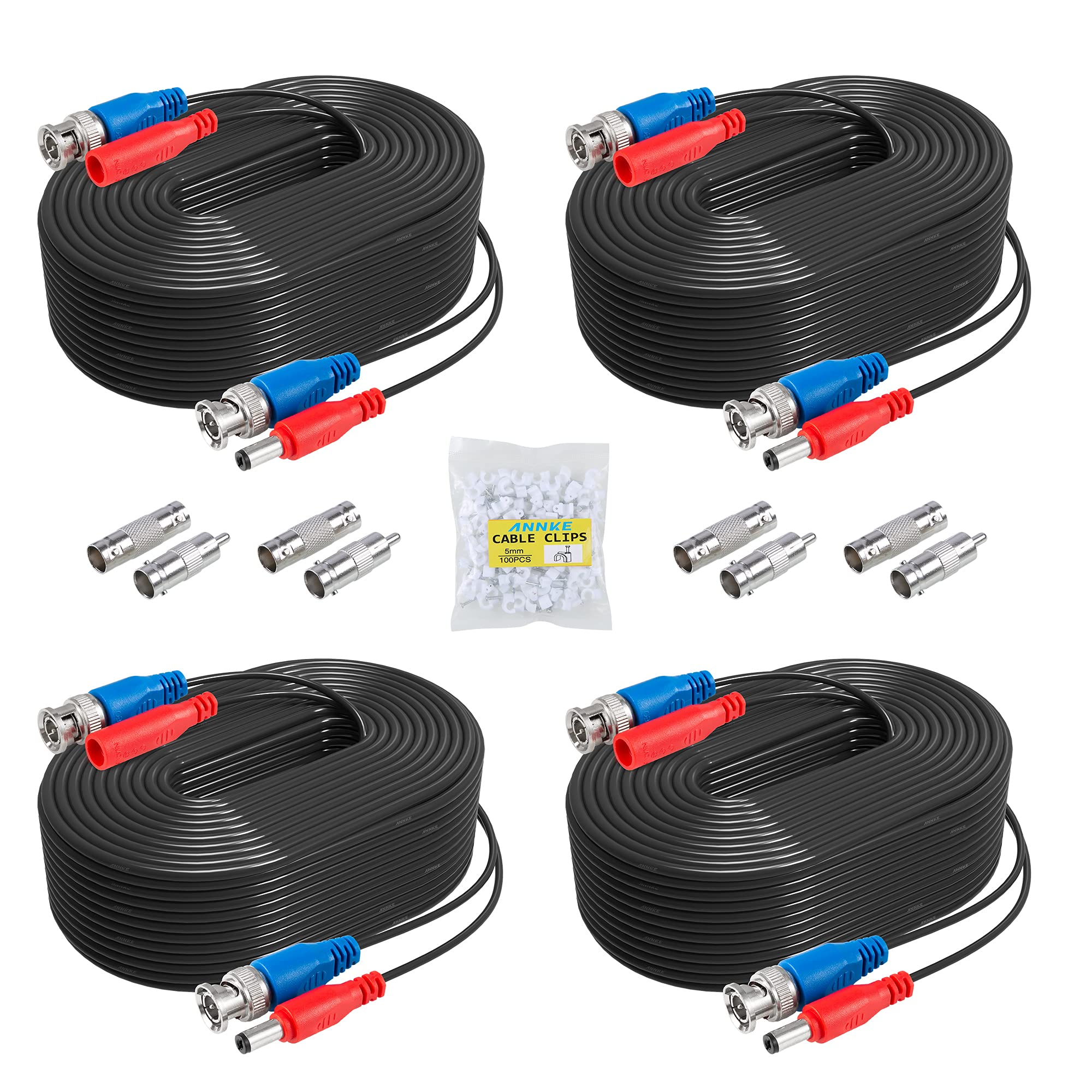 ANNKE 4 Pack 30M/100ft BNC CCTV Video Power Cable - All-in-One Security Wire for DVR Surveillance System Installation with Free BNC RCA Connector & 100 Cable Clips (Black) - Perfect for Home/Office Security Camera Setup & Professional CCTV Installations