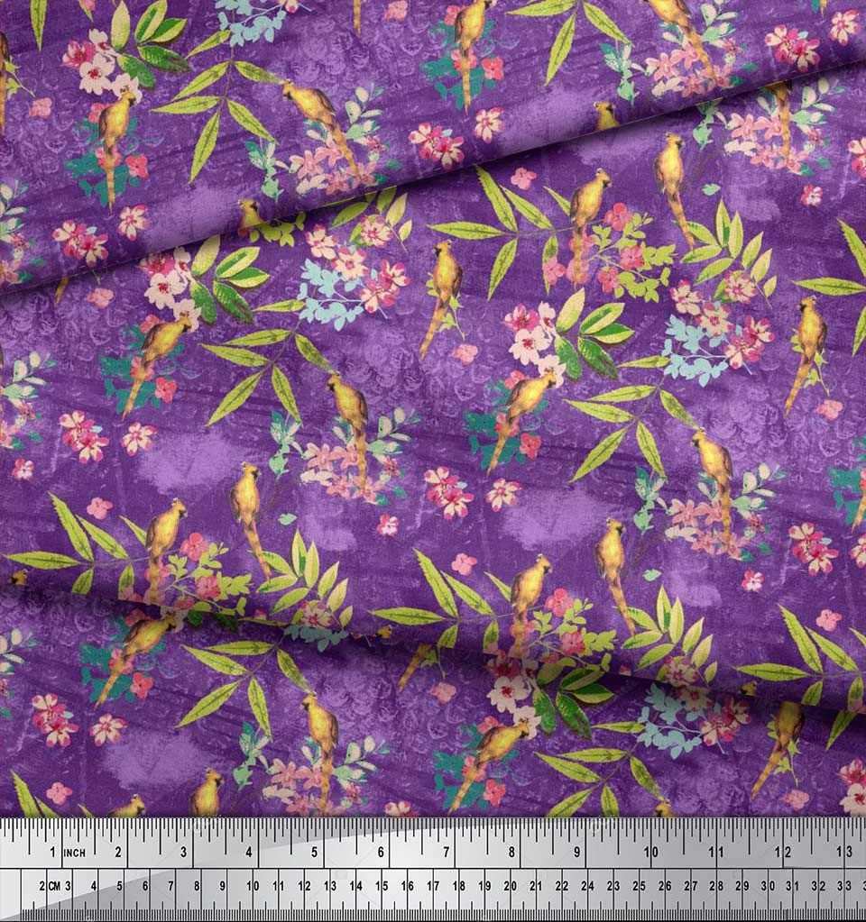 Soimoi Cotton Jersey Fabric - Purple Floral Leaves & Yellow Cardinals - for Sewing & DIY Crafts