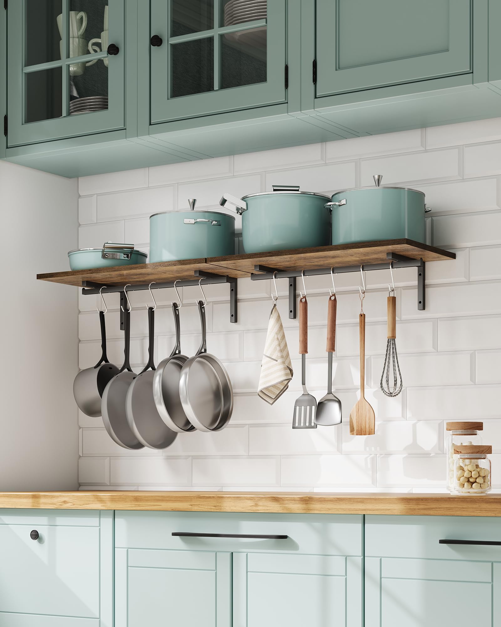 OROPY 2 Pack Wooden Wall Mounted Pot Pan Hanging Rack - 23.6 Inch Kitchen Organizer with 10 S Hooks for Cookware, Utensils & Spices - Space Saving Storage Solution for Small Kitchens, RVs & Apartments
