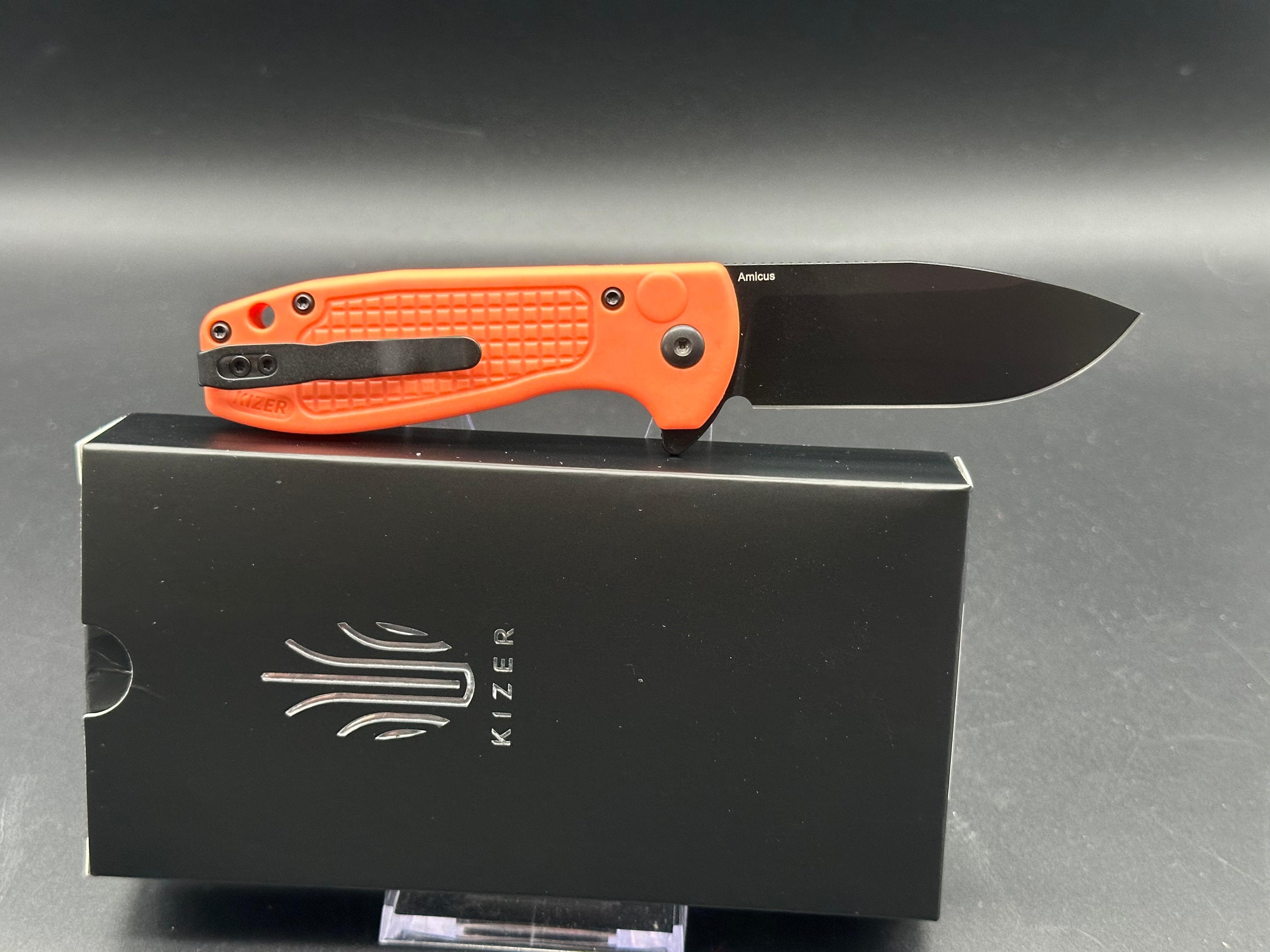 Kizer Amicus Folding Knife - Nitro V Blade, Button Lock, Orange FRN Handle, L3002M2 (2.95