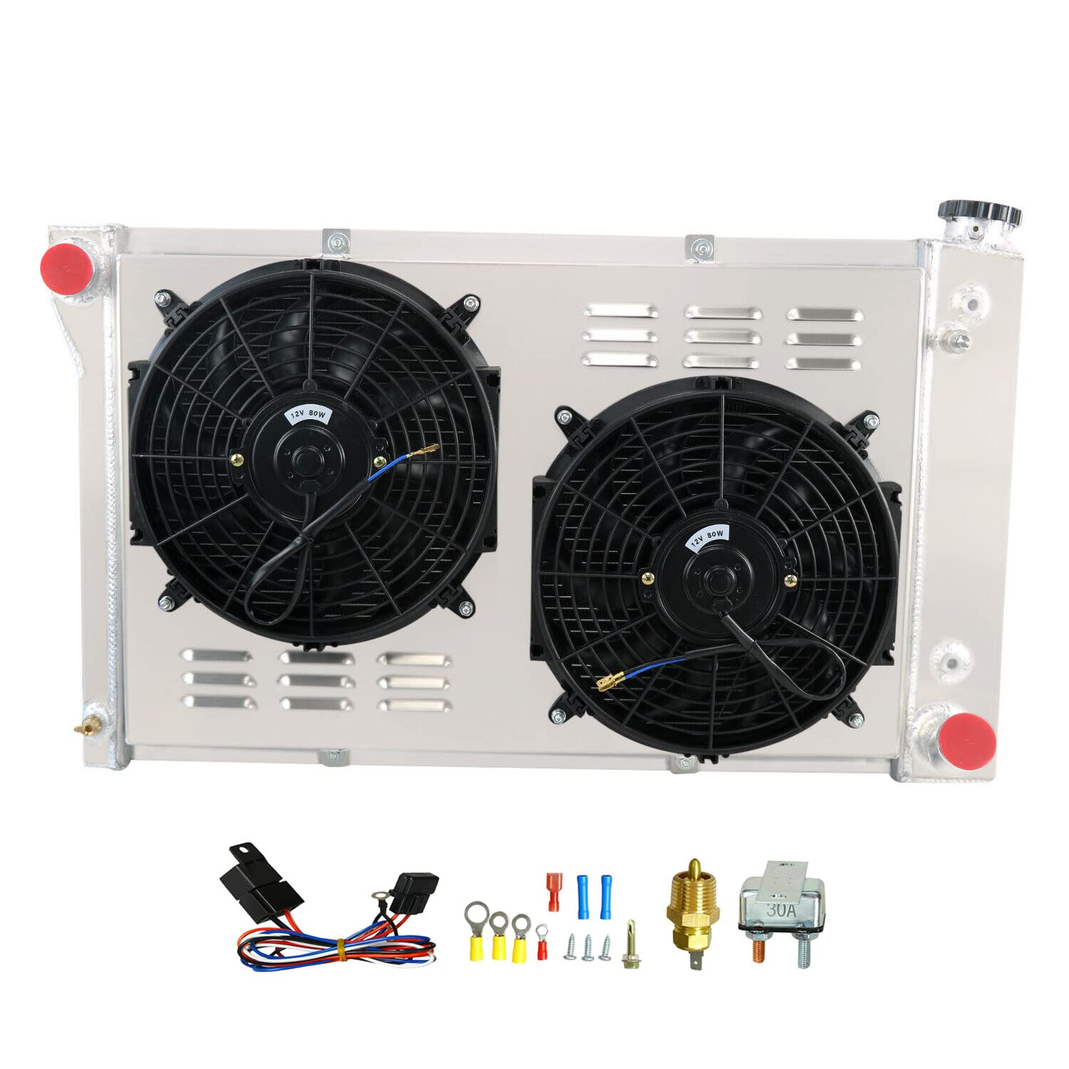 CU369 Aluminum Radiator for 1967-1972 Chevy C/K C10 C20 C30 K10 K20 & GMC K2500 K3500 Pickup Truck Suburban - 3 Row Core Radiator with Electric Fan Shroud & Thermostat Kit Combo - Perfect for Engine Cooling & Performance Upgrades