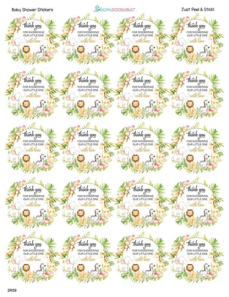 1.9 Inch Round Thank You Stickers for Baby Shower Party Favors - Cute Safari Animal Design - 60 Adhesive Labels for Gifts, Cards & Decorations