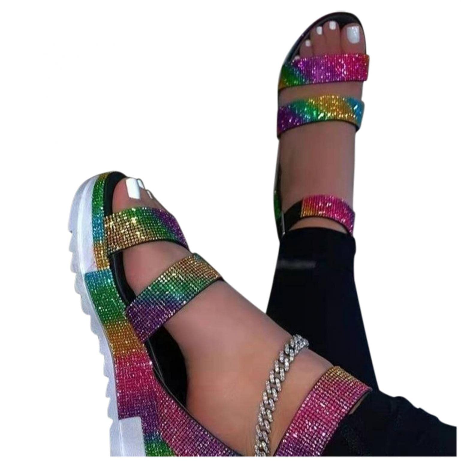 Stylish Women's Summer Sandals - Rhinestone Buckle Strap Casual Beach Shoes for Women | Perfect for Vacation, Poolside & Outdoor Activities