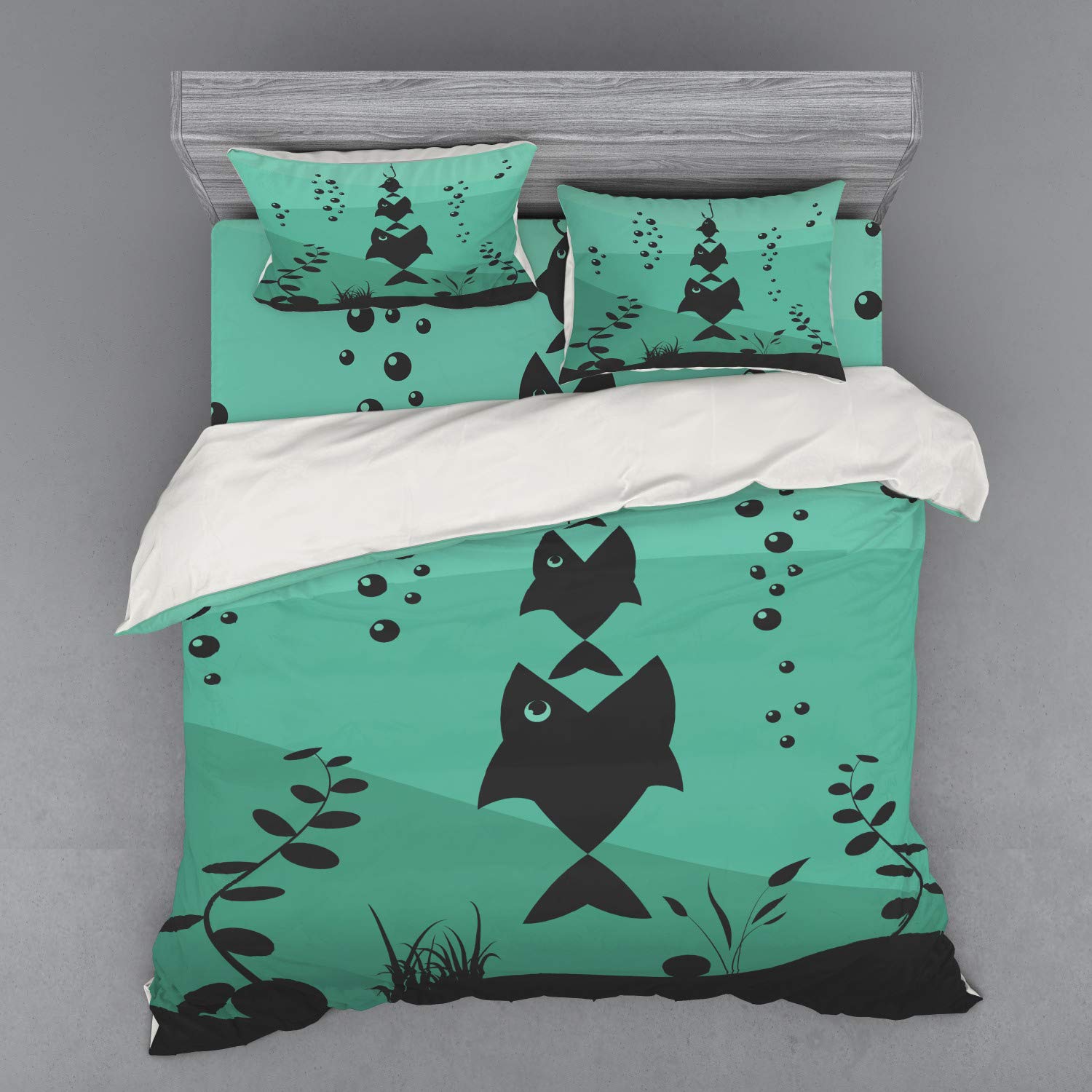 Ambesonne King Size Fishing Themed 4-Piece Duvet Cover Set - Underwater Ocean Design with Big Fish Eating Small Fish in Bubbles, Includes Shams & Fitted Sheet, Teal Grey - Perfect for Beach House Decor, Marine Lover's Bedroom, or Nautical Theme Guest Room