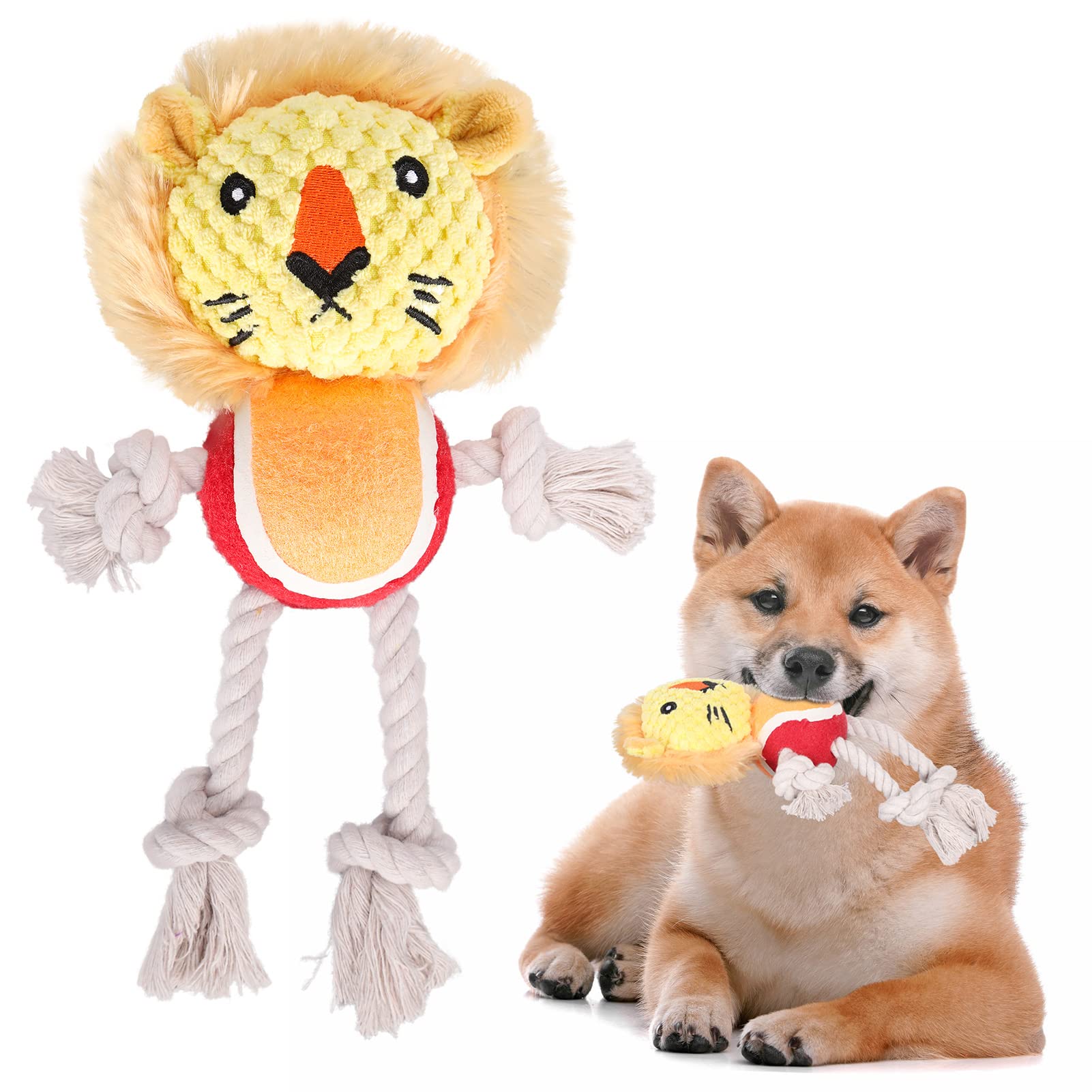 EXPAWLORER Plush Dog Toy - Durable Stuffed Chew Toys for Small, Medium & Large Dogs, Interactive Rope Toy with Squeaker & Tennis Ball Design - Perfect for Puppy Teething, Playtime & Training Sessions