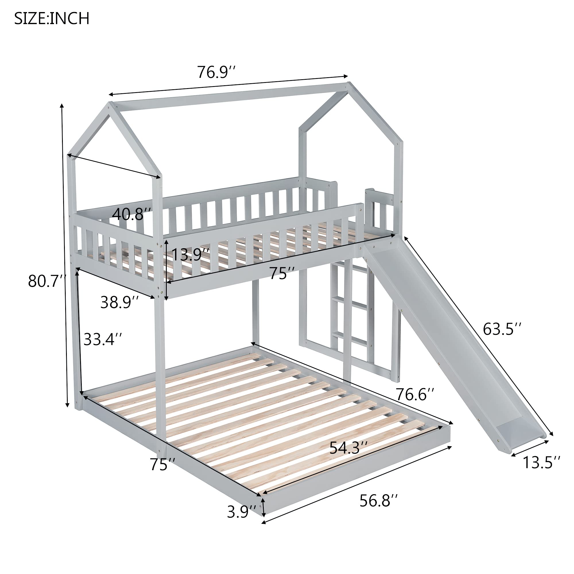 LZ LEISURE ZONE Twin Over Full Bunk Bed with Slide - Sturdy House Bunk Bed Frame with Built-in Ladder & Full-Length Guardrail - Perfect for Kids, Teens & Adults - Space-Saving Grey Loft Bed for Small Rooms, Dorms & Shared Kids' Bedrooms