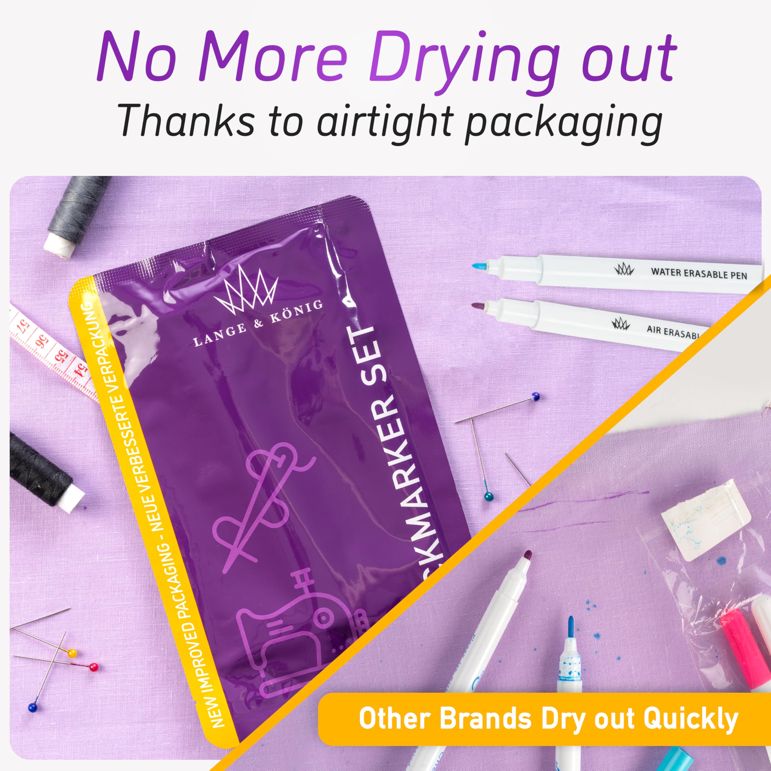 Lange & König Air & Water Erasable Fabric Markers for Sewing & Quilting - Washable Tailor's Chalk Alternative for DIY, Embroidery & Dressmaking - Perfect Sewing Supplies & Gifts for Craft Lovers