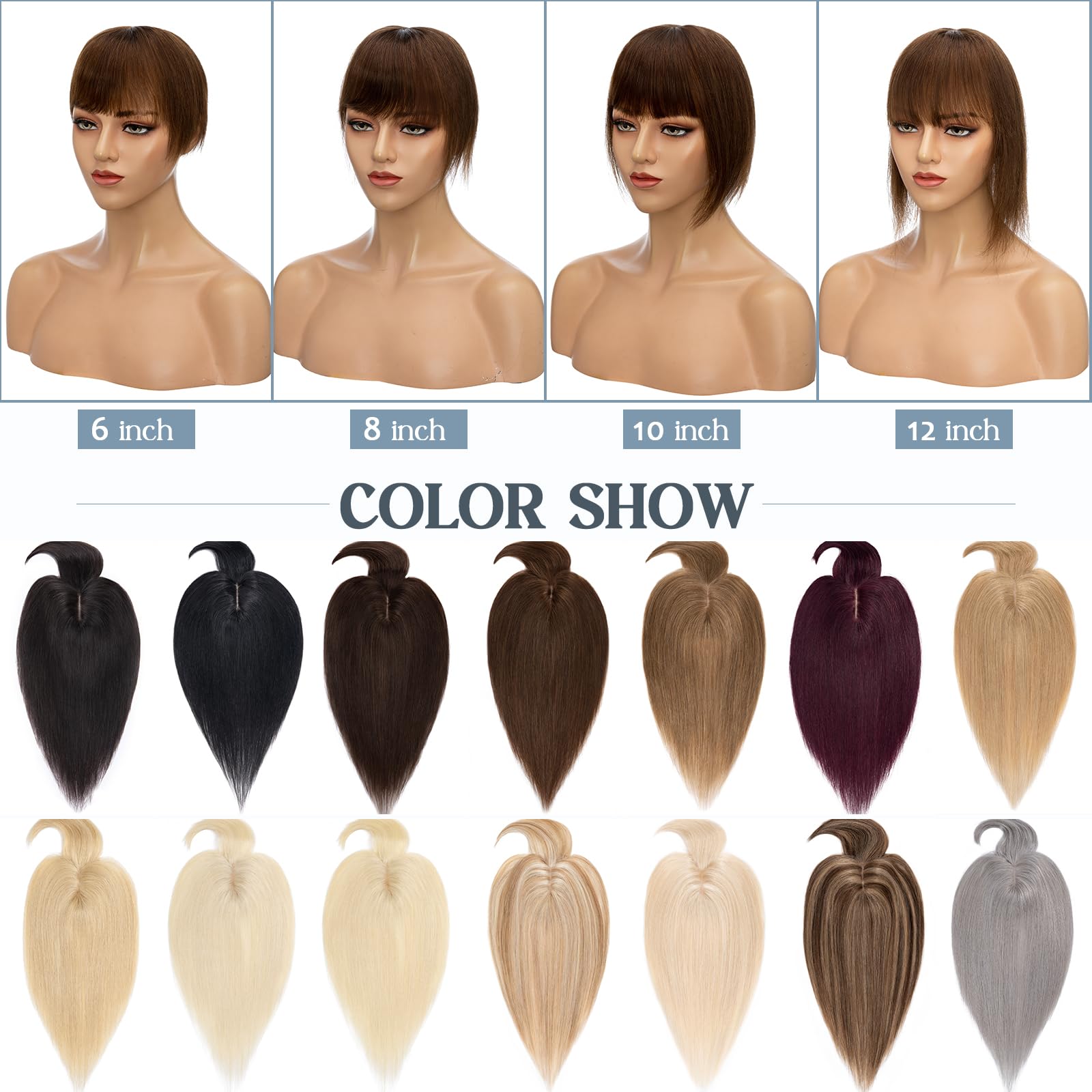 Premium Benehair Clip-In Hair Toppers for Women - 12 Inch #2 Dark Brown 150% Density Remy Human Hair with Bangs (7x13cm Silk Base) - Natural Solution for Thinning Hair | Perfect for Daily Wear, Special Occasions & Styling