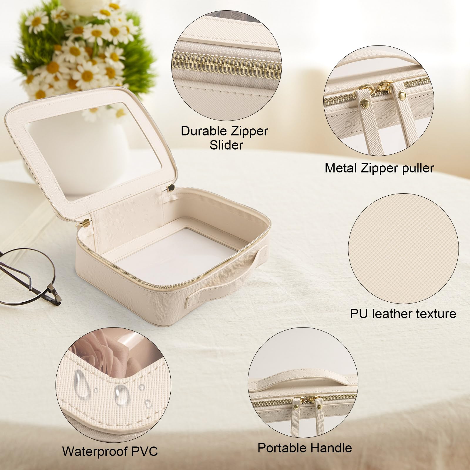 Clear Makeup Bag - TSA Approved Travel Cosmetic Case with Double Zipper, Square PU Leather Toiletry Organizer Pouch, Waterproof & Easy to Clean - Perfect for Travel, Gym, and Daily Essentials Storage