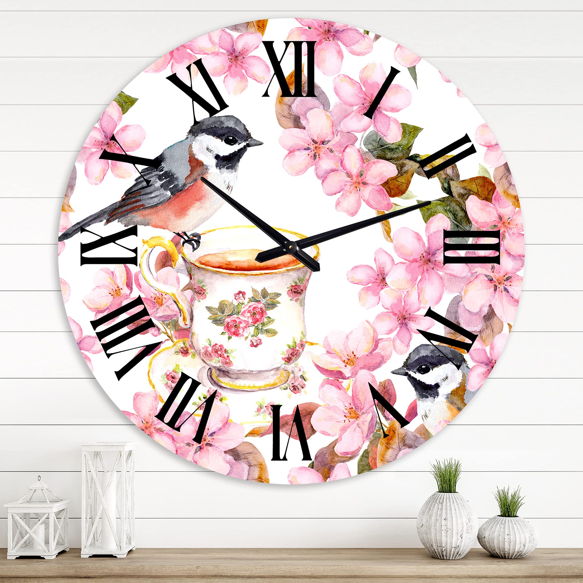 Vintage Tea Cup Birds & Flowers Wall Clock - Large Decorative Traditional Clock for Living Room, Bedroom, Office | Perfect Home Décor & Gift Idea