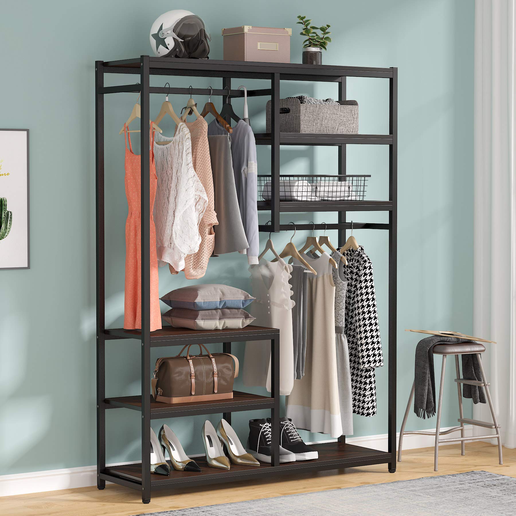 Tribesigns Freestanding Closet Organizer with 2 Hanging Rods & 5 Storage Shelves - Sturdy Garment Rack for Bedroom, Closet & Dorm Organization (Brown) - Perfect for Clothes Storage, Shoe Display & Home Decor