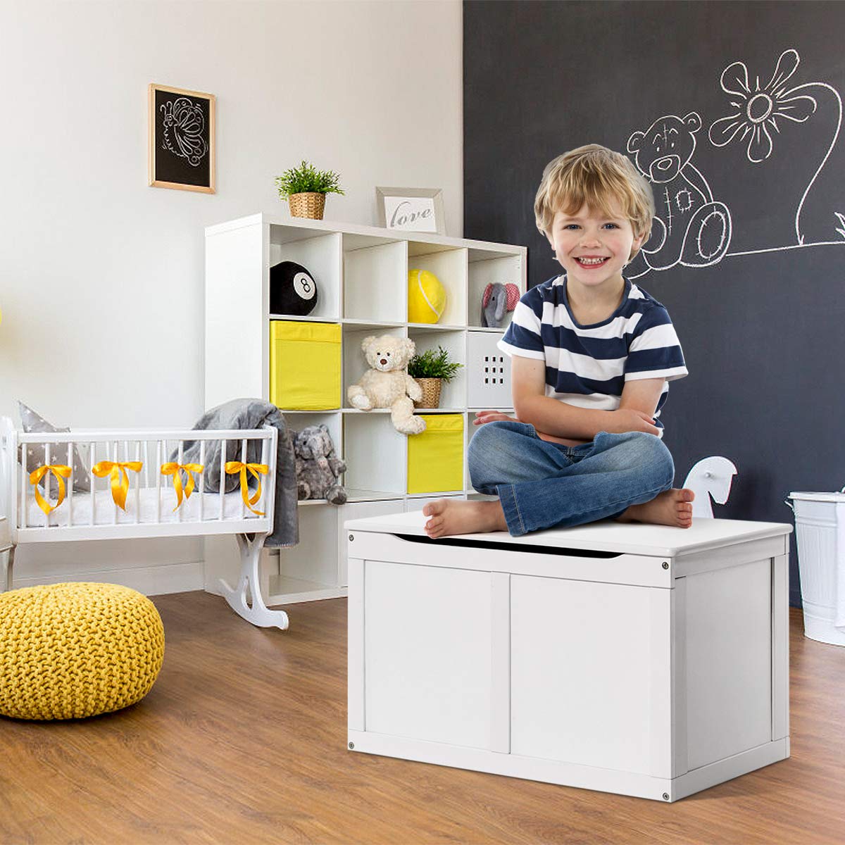 Costzon Kids Wooden Toy Box with Flip Top Lid - Large Storage Chest & Bench Organizer for Nursery, Playroom, Kids Room - White | Perfect for Toy Storage, Seating & Room Decor