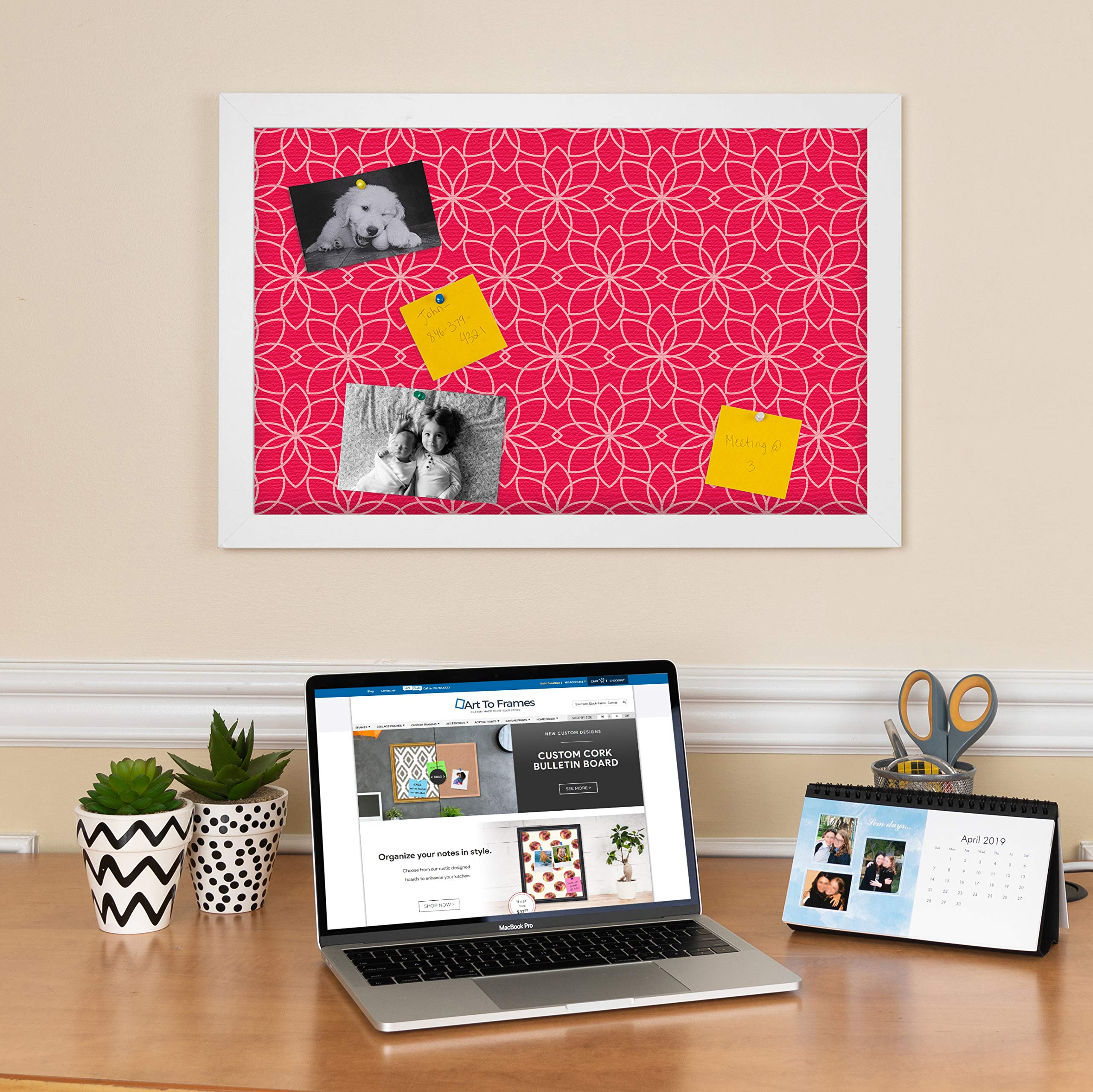 ArtToFrames 36x24 Inch Floral Cork Bulletin Board - Custom 2x3 ft Hot Pink Fabric Canvas Pin Board with White Satin Frame | Perfect for Home Office, Classroom Decor & Wall Organization (PinPix-550-36x24_FRBW26074)