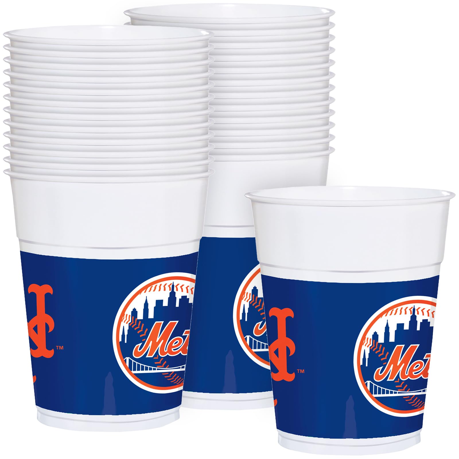 Amscan New York Mets 16 oz Plastic Party Cups - Pack of 25 for Baseball Games, Tailgating & Sports Themed Events
