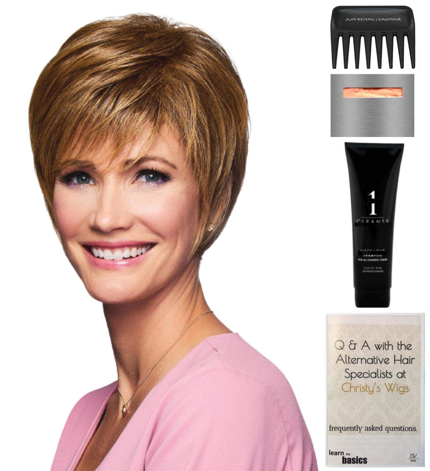 Elation by Gabor Dark Brown Synthetic Wig Bundle - 5 Piece Set with Christy's Wigs Q&A Booklet, Travel Size Wig Shampoo, Wig Cap & Wide Tooth Comb | Perfect for Cosplay, Costume Parties & Everyday Wear