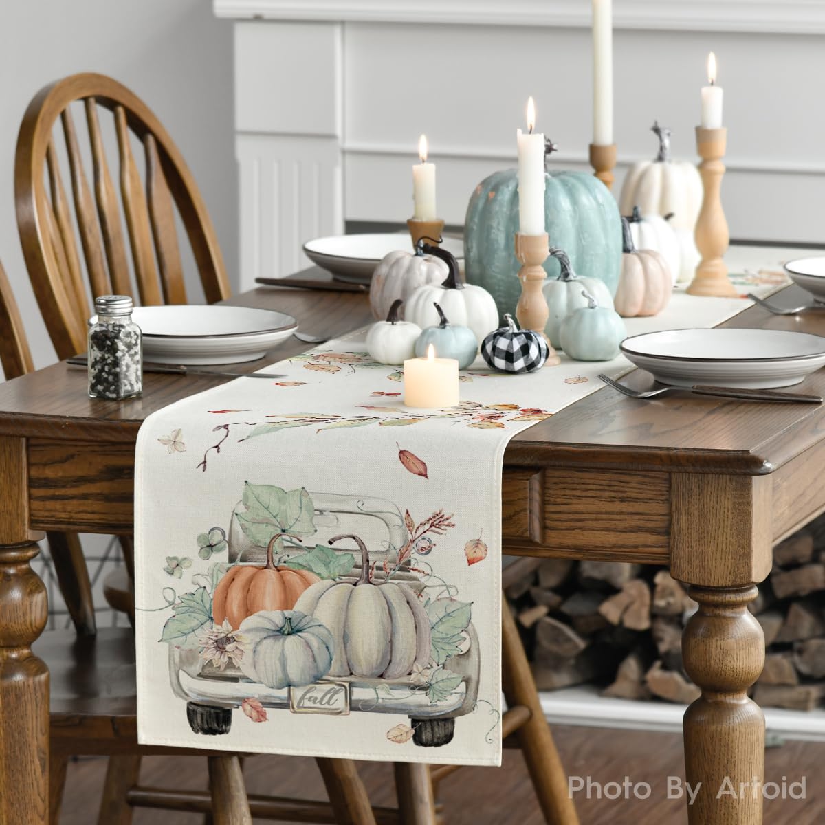 Artoid Mode Pumpkins Truck Leaves Fall Table Runner - 13x108 Inch Seasonal Autumn Kitchen & Dining Table Decoration for Home, Thanksgiving & Halloween Party Decor | Perfect for Farmhouse, Rustic & Cozy Home Décor