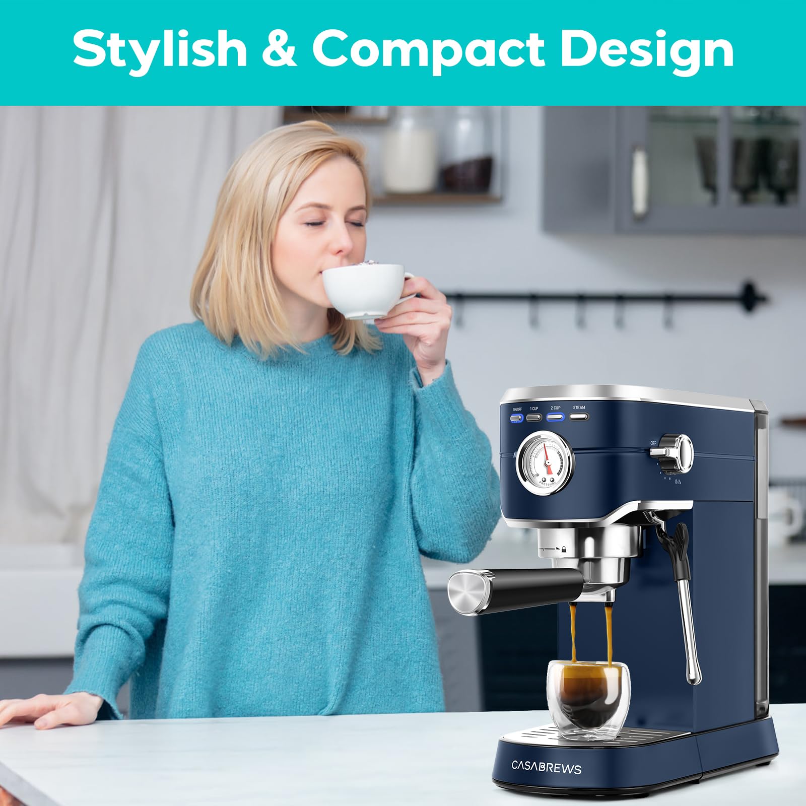 CASABREWS 20 Bar Professional Espresso Machine with Milk Frother Steam Wand, 34oz Removable Water Tank - Compact Home & Office Coffee Maker for Latte, Cappuccino (Sapphire Blue) - Perfect for Breakfast, Afternoon Coffee Break & Entertaining Guests