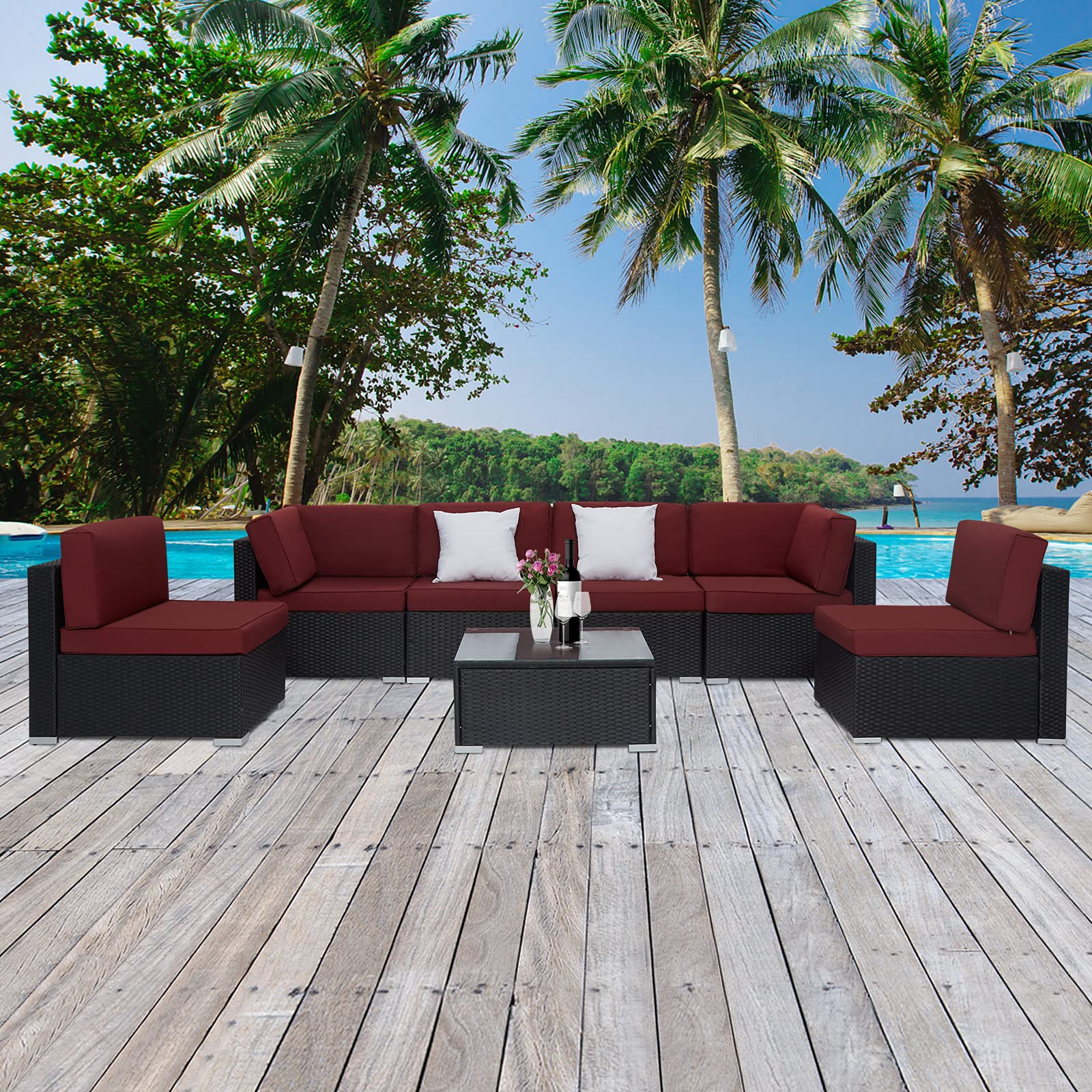 Kinbor 7-Piece Outdoor Patio Furniture Set - Waterproof Sectional Couch with Cushions & Tempered Glass Table - Perfect for Backyard, Deck, Garden & Poolside Relaxation